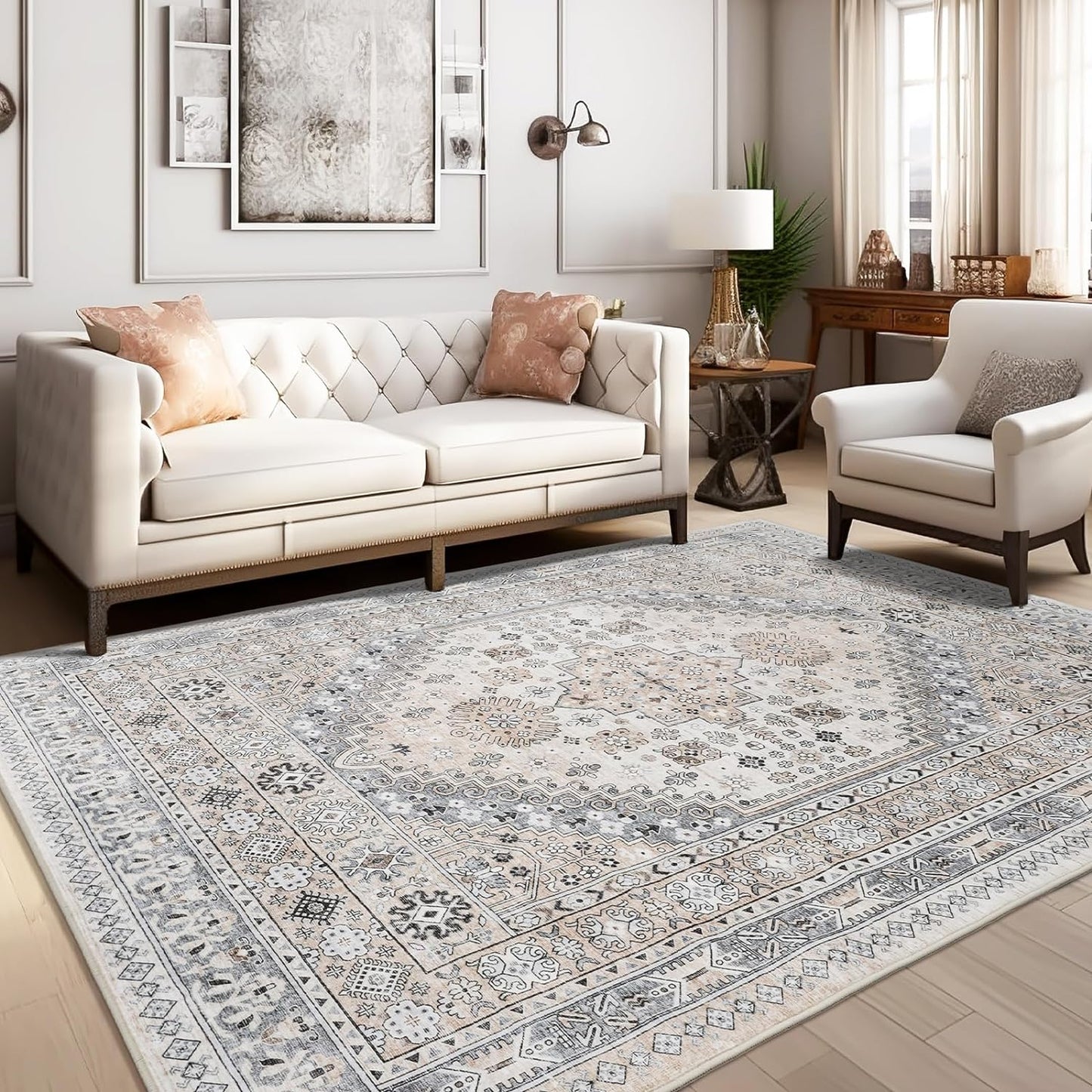 zesthome 6x9 Area Rug, Super Soft Washable Rugs for Living Room, Non-Slip Stain Resistant Vintage Rugs, Ultra-Thin Large Area Rugs (Beige,6'x9')
