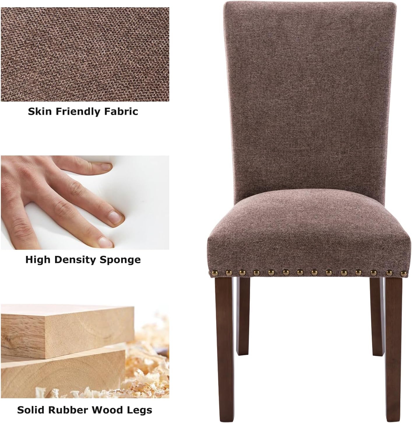 COLAMY Upholstered Parsons Dining Chairs Set of 4, Fabric Dining Room Kitchen Side Chair with Nailhead Trim and Wood Legs - Brown