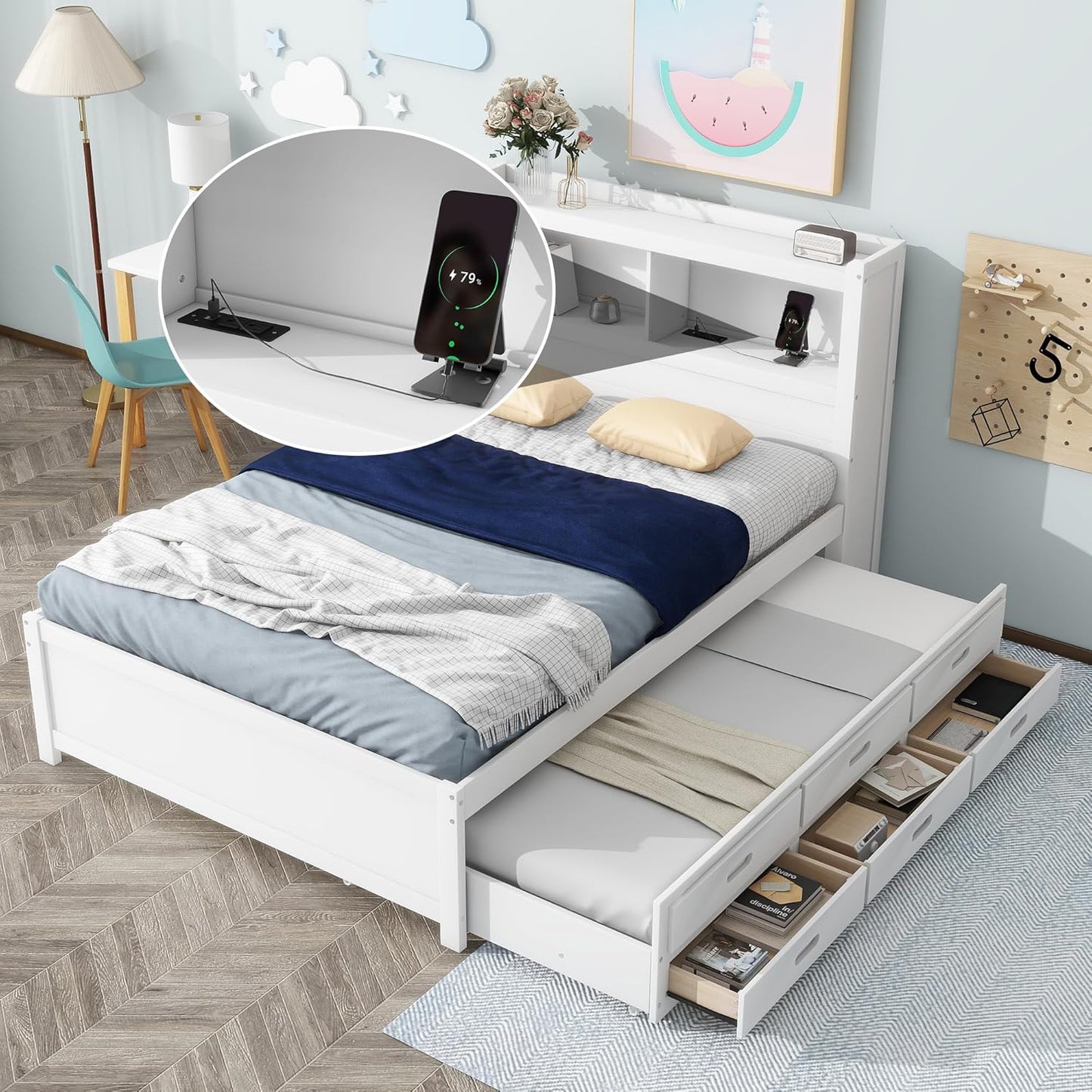 Full Size Pine Wood Platform Bed with Trundle,Drawers,2 Ports and 2 USB Plugs,Storage Bed with Pull Out Shelves,No Box Spring Needed,Perfect for Adults,Teens Bedroom Furniture,White