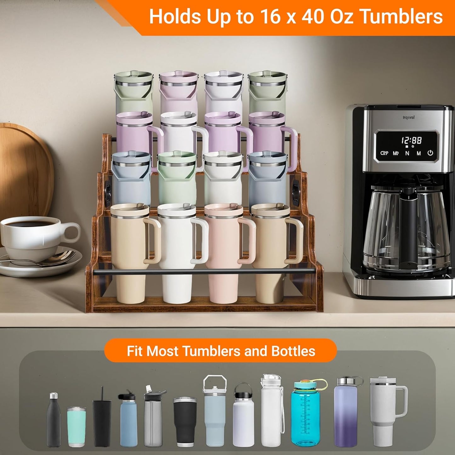 4-Tier Liquor Bottle Display Shelf, Holds up to 16 Bottles, Extra Large Rustic Bar Shelves for The Home Bar, Countertop Whiskey Organizer with Handles