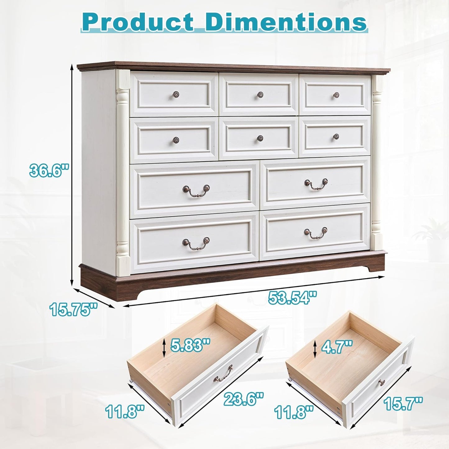 53.54" Farmhouse Sideboard Buffet Cabinet with Storage, Kitchen Buffet Storage Cabinet with 10 Drawers, Modern Wood Accent Sideboard for Living Room, Kitchen, Hallway(Antique White)