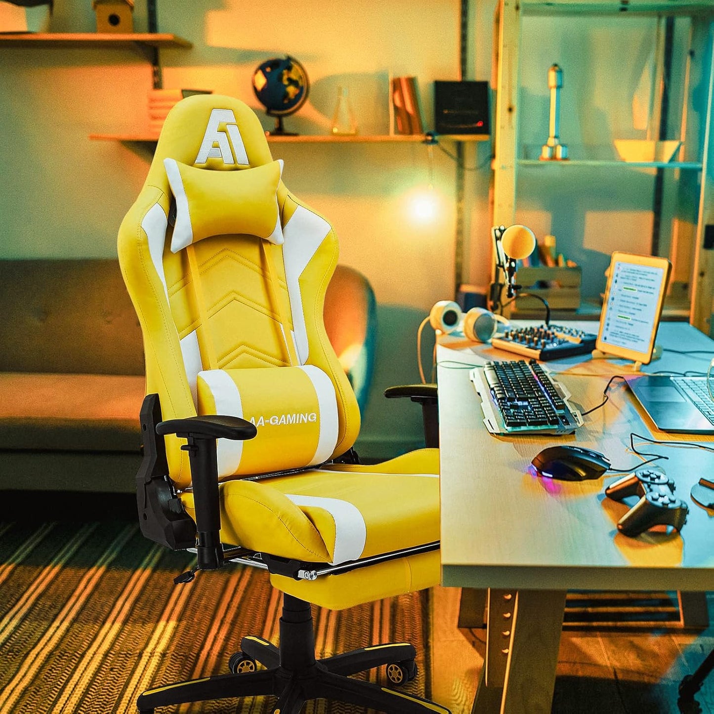 AA Products Gaming Chair - High Back Ergonomic Computer Racing Chair with Footrest, Lumbar Support and Swivel - YellowWhite