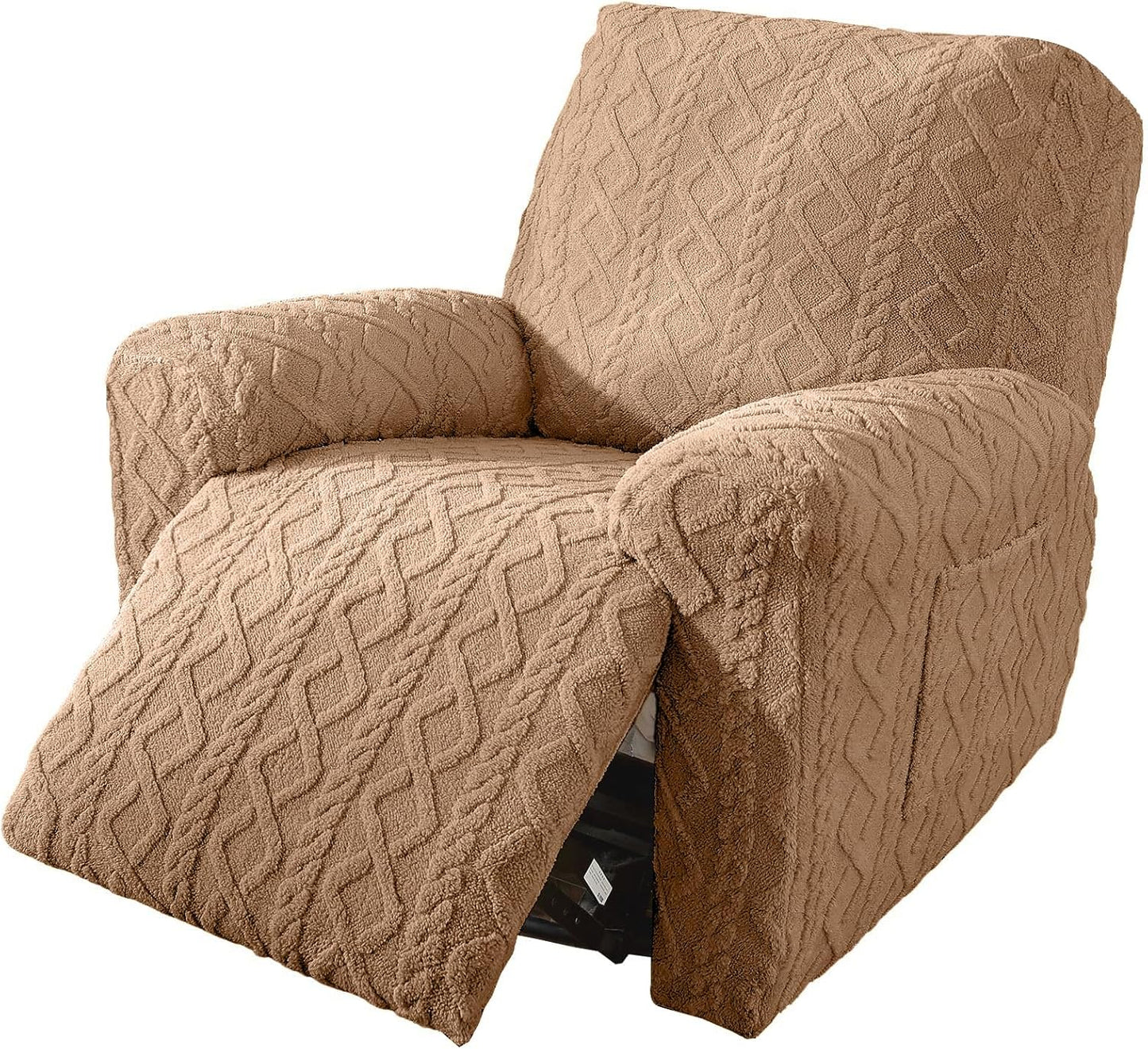 vctops 4 Pieces Geometric Jacquard Plush Recliner Slipcovers Soft Fuzzy Fluffy Sofa Couch Cover Anti-Slip Furniture Protector with Elastic Bottom for Kids Cats Dogs(Brown,1 Seat)