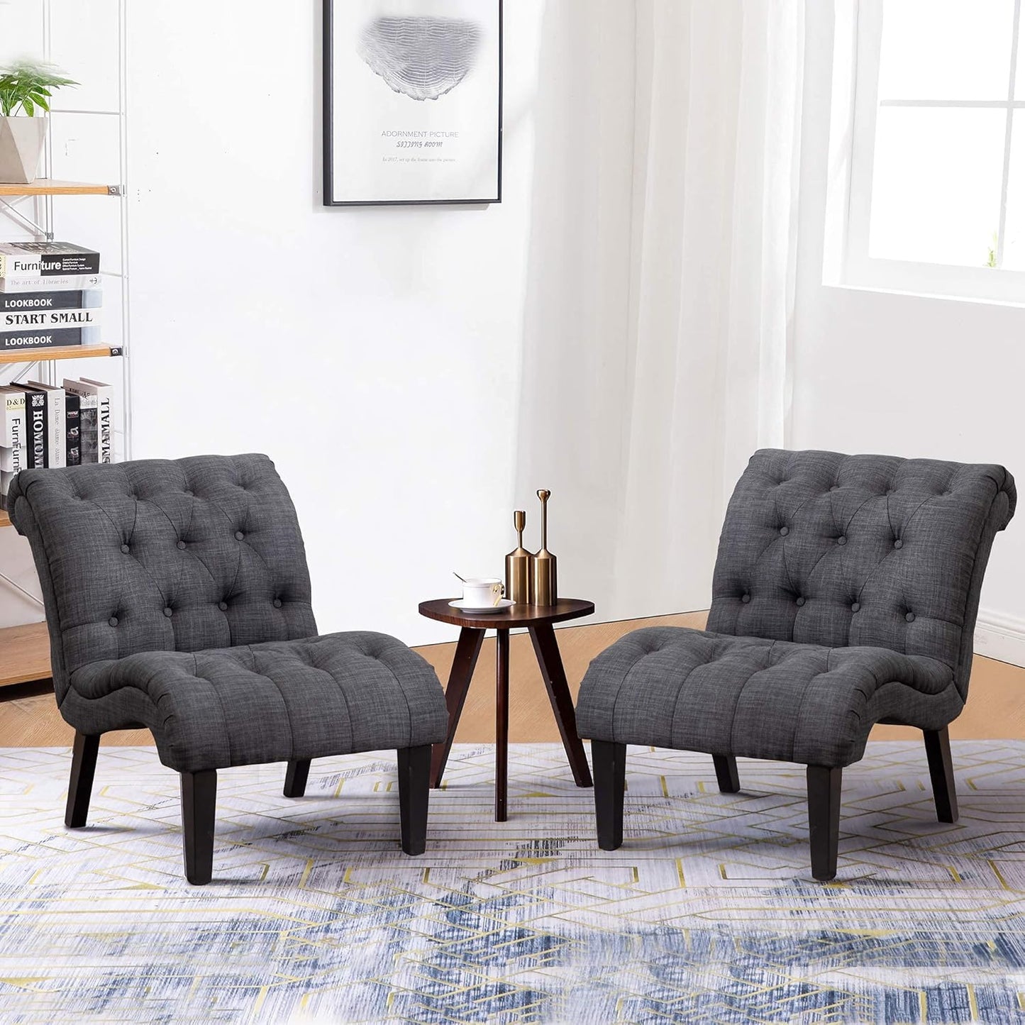 Yongqiang Upholstered Accent Chair for Bedroom Living Room Chairs Lounge Chair Armless Slipper Chair with Wood Legs Gray Fabric