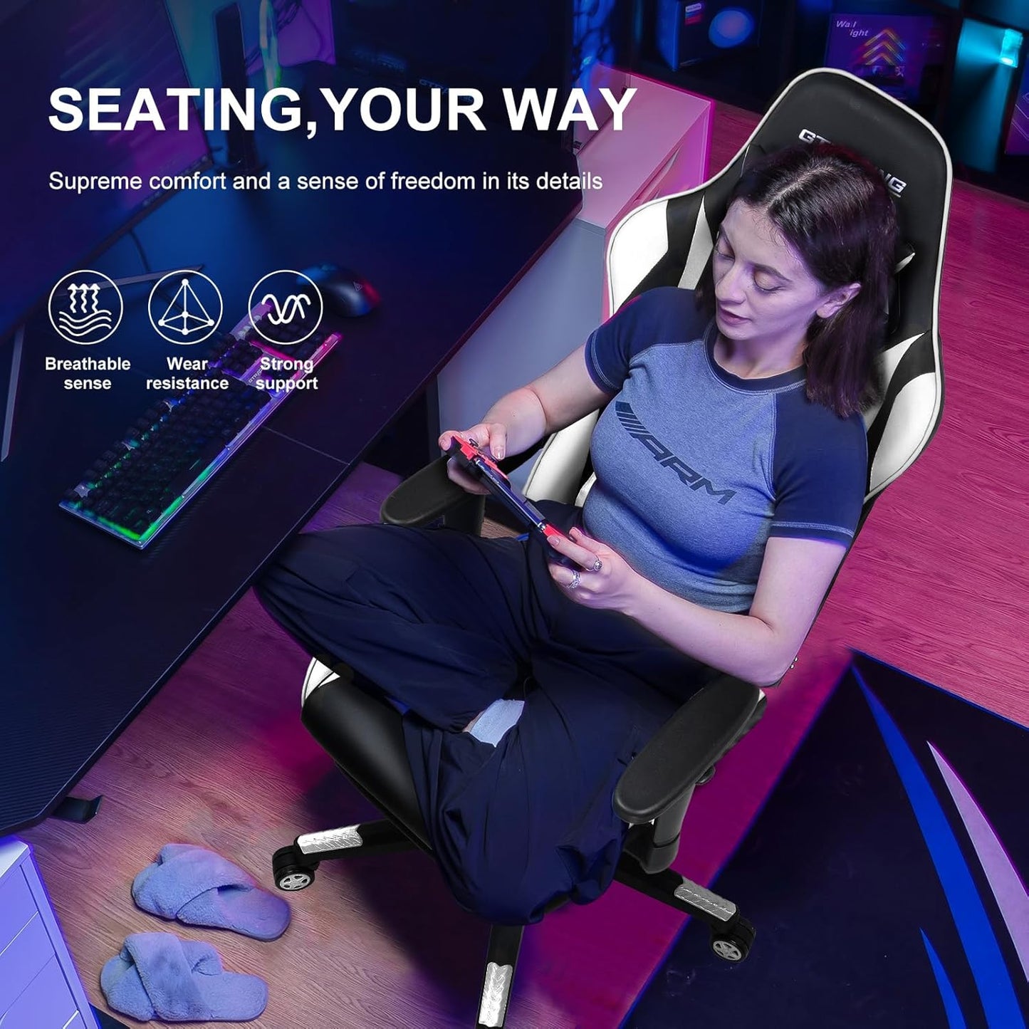 GTRACING Gaming Chair with Footrest, Ergonomic Computer Game Desk Chair, Reclining Gamer Chair Seat Height Adjustment, Swivel Rocker with Headrest and Lumbar (White)