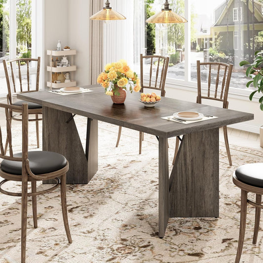 GarveeHome Dining Room Table 6, 70.9'' Rectangular Kitchen Table Dining Room Furniture with Sturdy Frame, Thickened Long Tabledesk and Dinner Desk for Party, Big Family, Flat Leg (Grey)