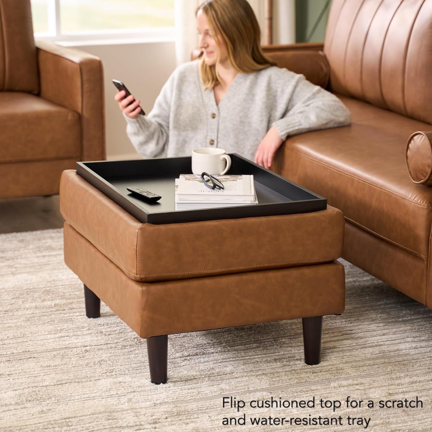 Bush Home Storage Ottoman with Tray, Living Room Furniture, Max Collection, Buffed Camel Vegan Leather