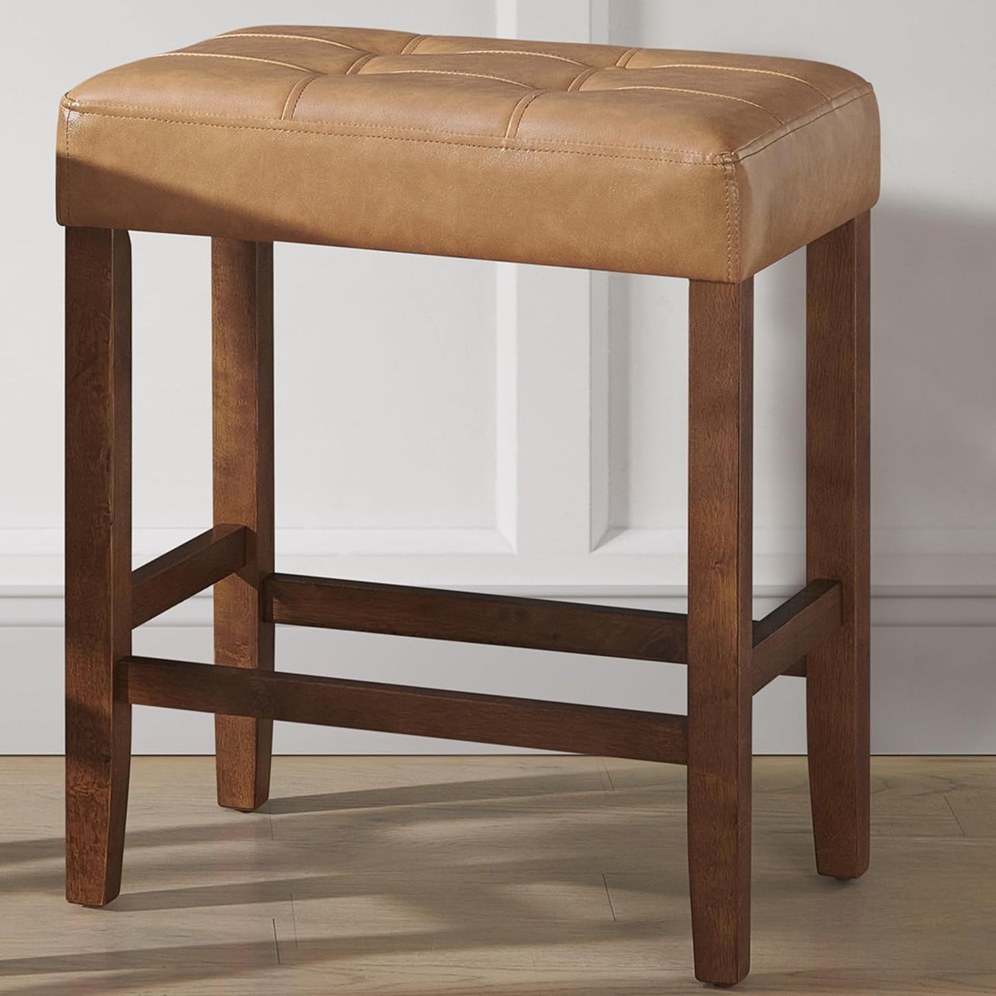 Alaterre Furniture Madison 25-Inch Bar Stool with Faux Leather Seat - Counter Height Stool for Kitchen Island or Bar - Backless Barstools (Cognac/Walnut)
