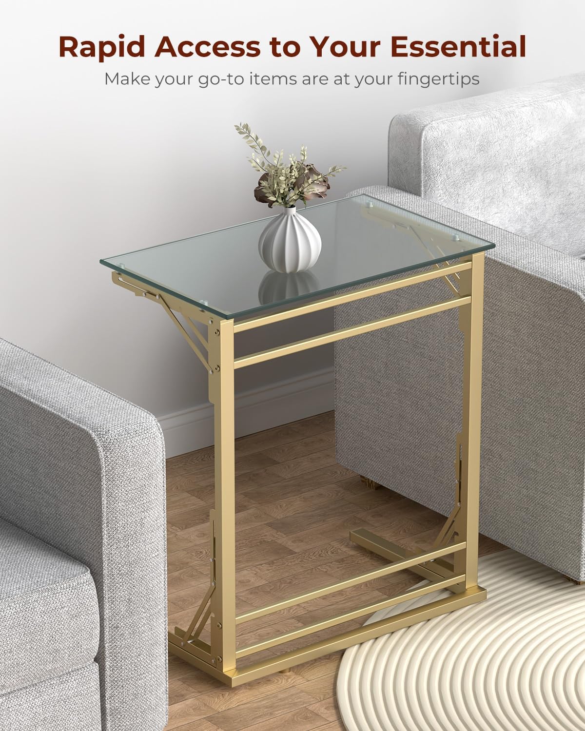 Tatub 24" Folding TV Tray Table Set of 2, Glass C Shaped End Table for Couch, Small Sofa-Side Laptop Desk with Gold Metal Frame for Living Room, Bedroom, Bedside
