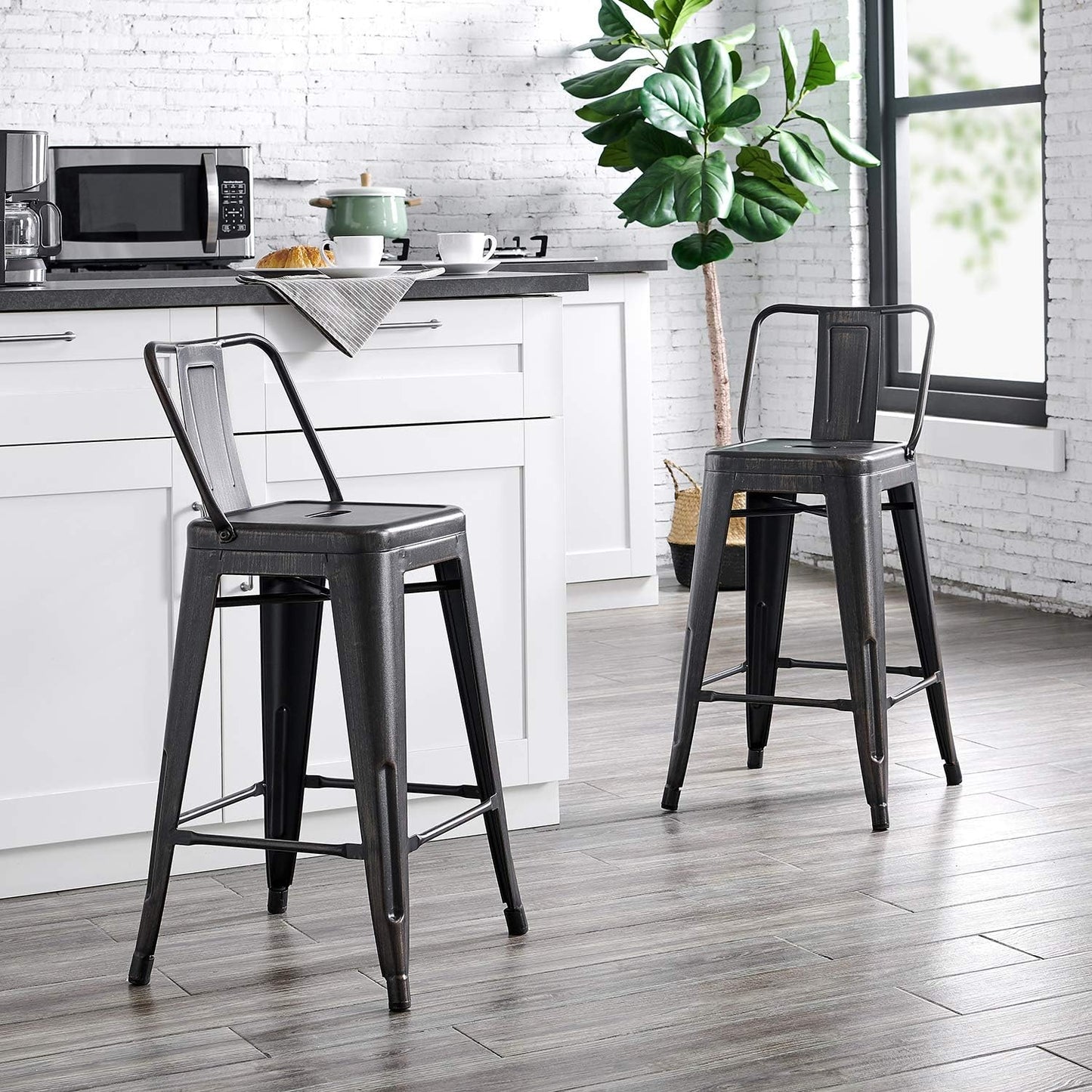 AC Pacific 24” Metal Barstool Set of 4 – Country Rustic Style with Low Back, Lightweight & Sturdy Build, Easy Assembly – Distressed Black
