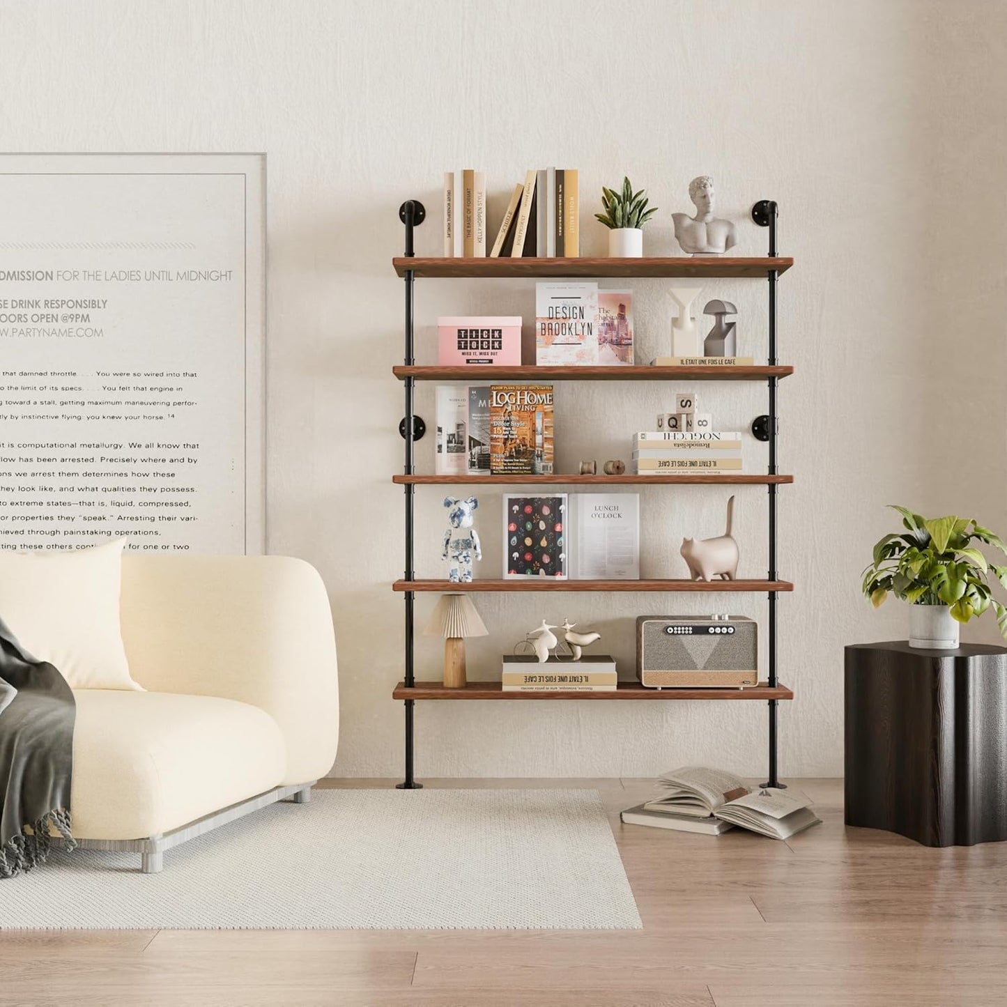 Industrial Ladder Shelves, Wall Mounted Rustic Bookshelf, Retro Wood Metal Pipe Industrial Shelves (Weathered Brown, 5 Tier - 10" D x 48" W x 70" H)