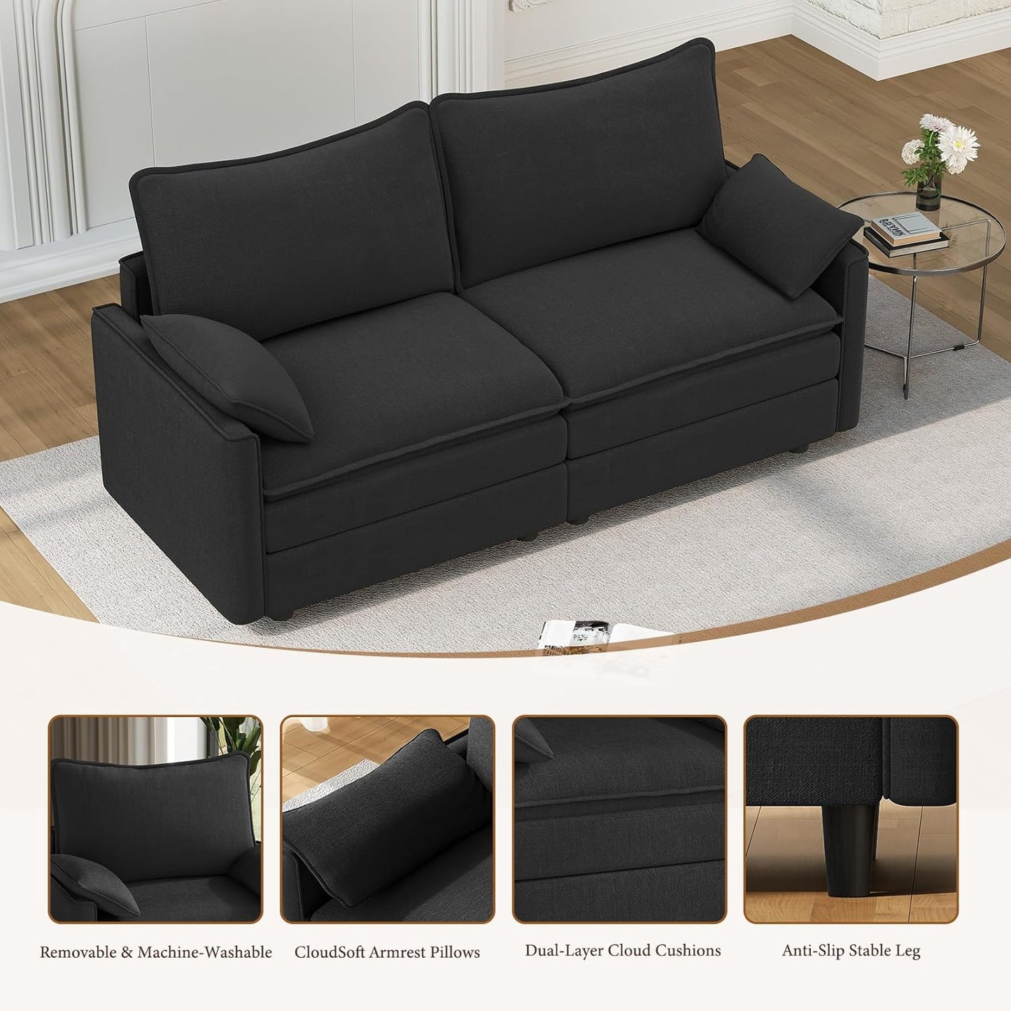 Vesgantti 74" Loveseat Sofa for Living Room, Comfy Cloud Couch Deep Seat Chenille Modern 2 Seater Small Sofa with Armrest Pillow, Easy Assembly for Small Spaces, Black
