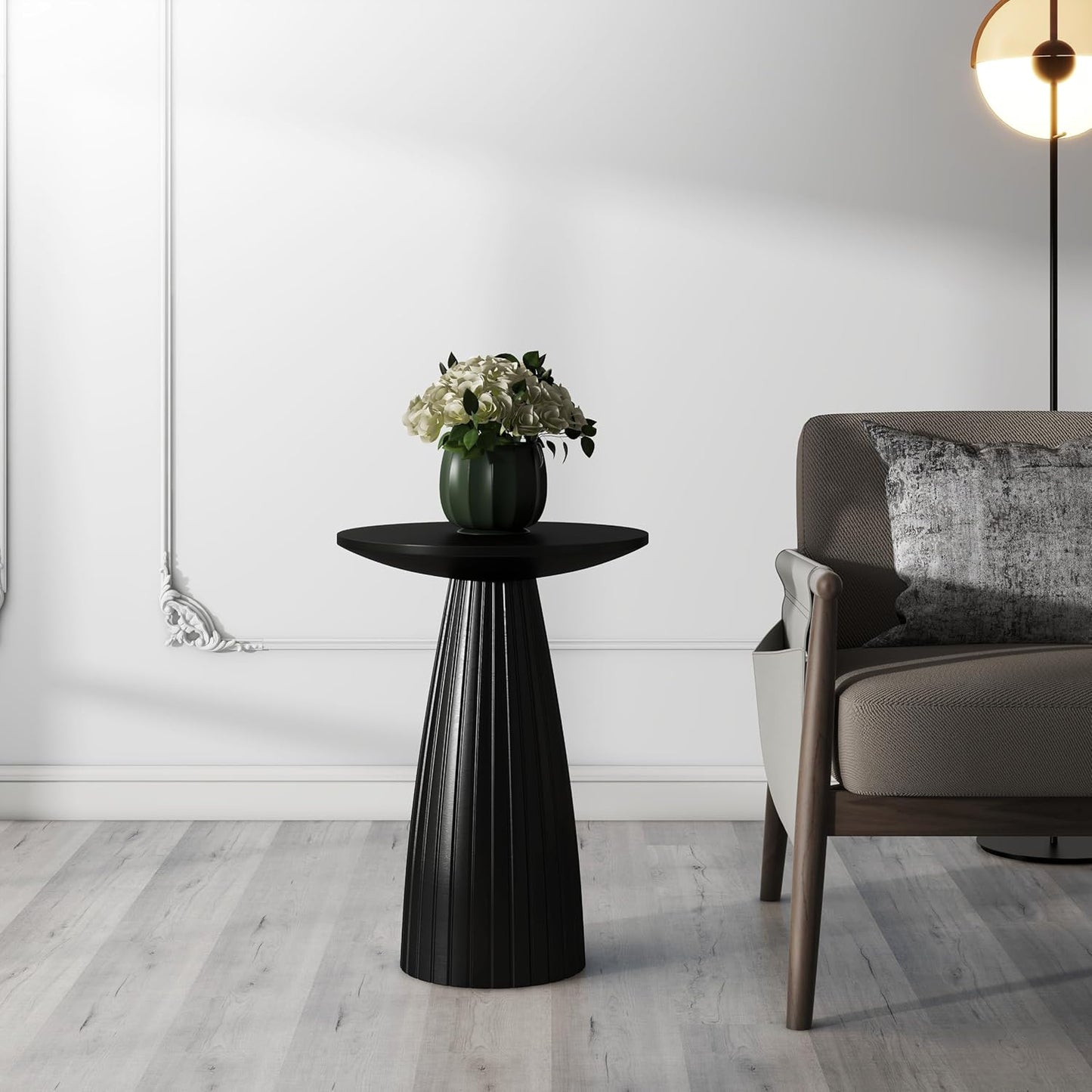 Black Pedestal Side Table 14.56'' Dia, Modern Accent End Table, Fluted Base Design, Minimalist Drink Table for Small Space Living Room, Bedroom
