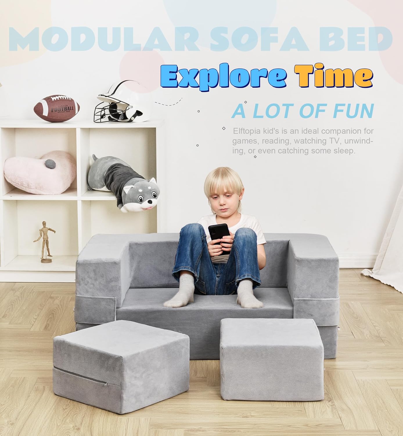Modular Kids Sofa,Toddler Couch Foam Armchair for Kids, Children Convertible Plush Sofa Play Set,Fold Out SofaBed(Grey)