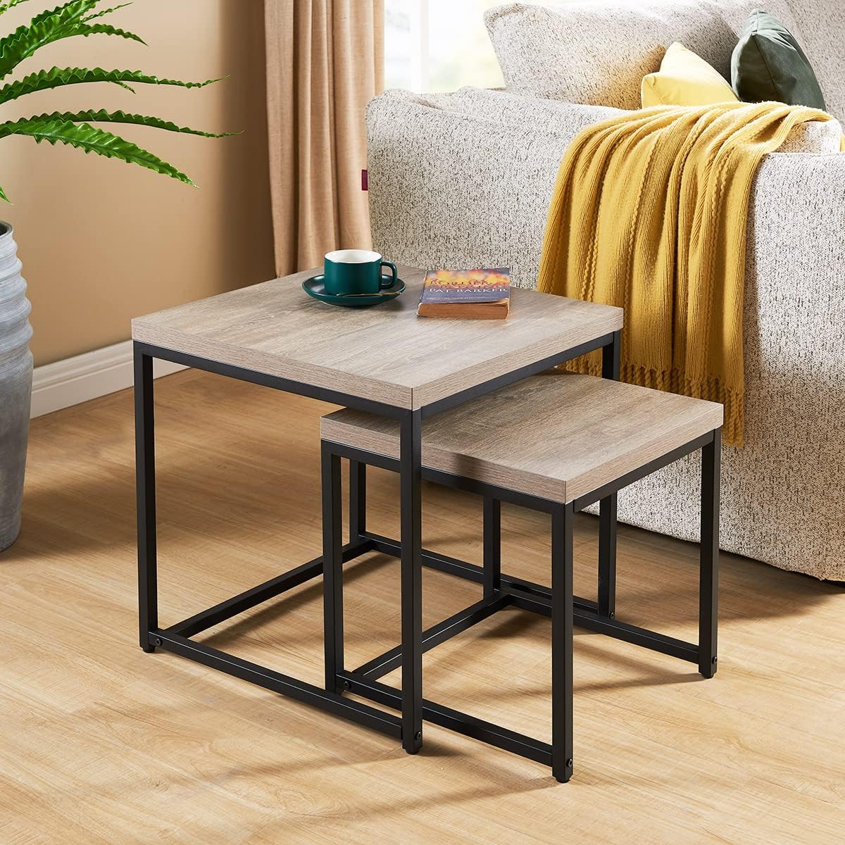 CENSI 20"x20" French Oak Nesting End Side Table, Accent Coffee Table, Square Shape, Grey Wood Finish, Blakc Metal Frame, Space-Saving, Modern Industrial Style