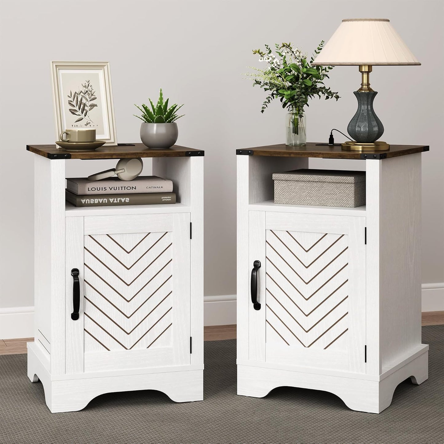 RoyalCraft Nightstand Set of 2, White End Table with Charging Station, Tall Farmhouse Bedside Table with Large Storage and Shelf, Wooden Side Table with for Bedroom, Home Office, White and Rustic Oak