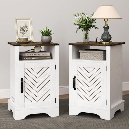 RoyalCraft Nightstand Set of 2, White End Table with Charging Station, Tall Farmhouse Bedside Table with Large Storage and Shelf, Wooden Side Table with for Bedroom, Home Office, White and Rustic Oak