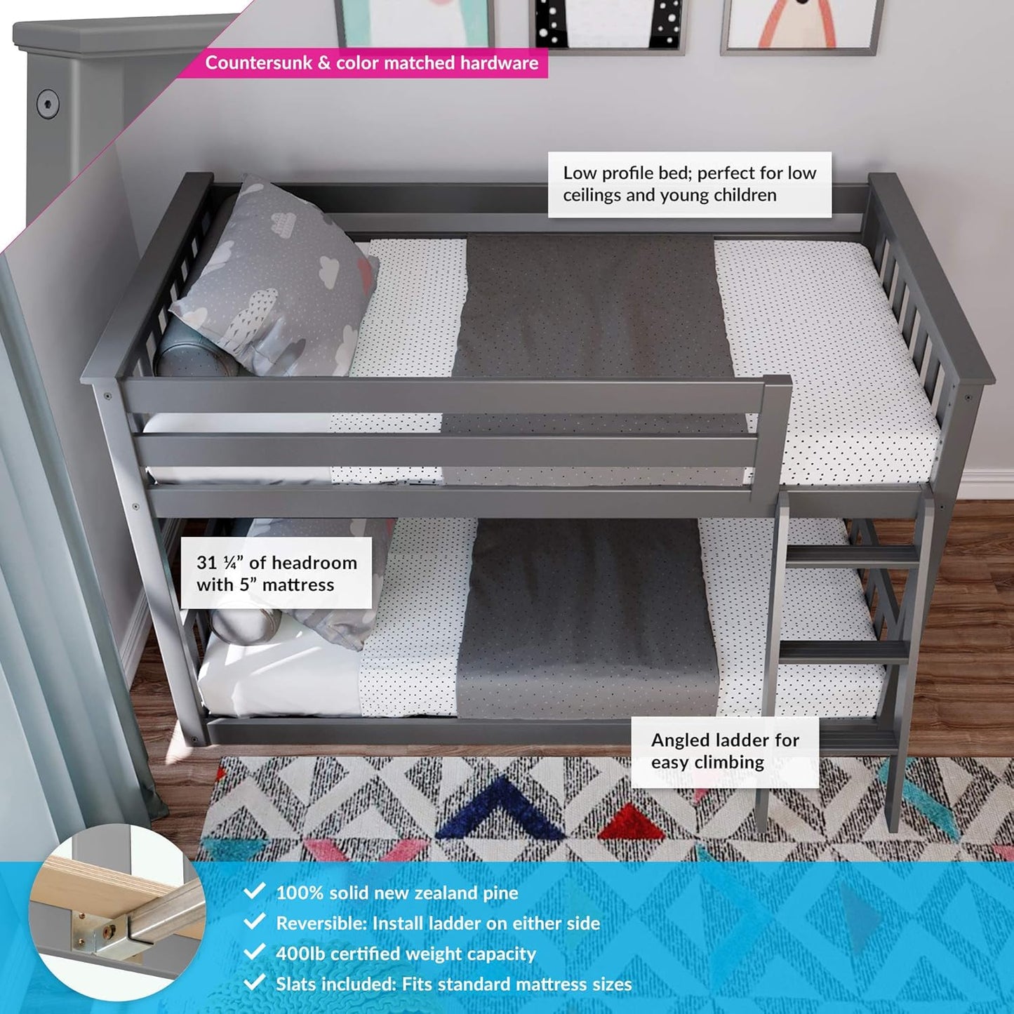 Max & Lily Twin Over Twin Low Bunk Bed with Ladder, Wooden Bunk beds with 14” Safety Guardrail for Kids,Toddlers, Boys, Girls, Teens, Bedroom Furniture, Grey
