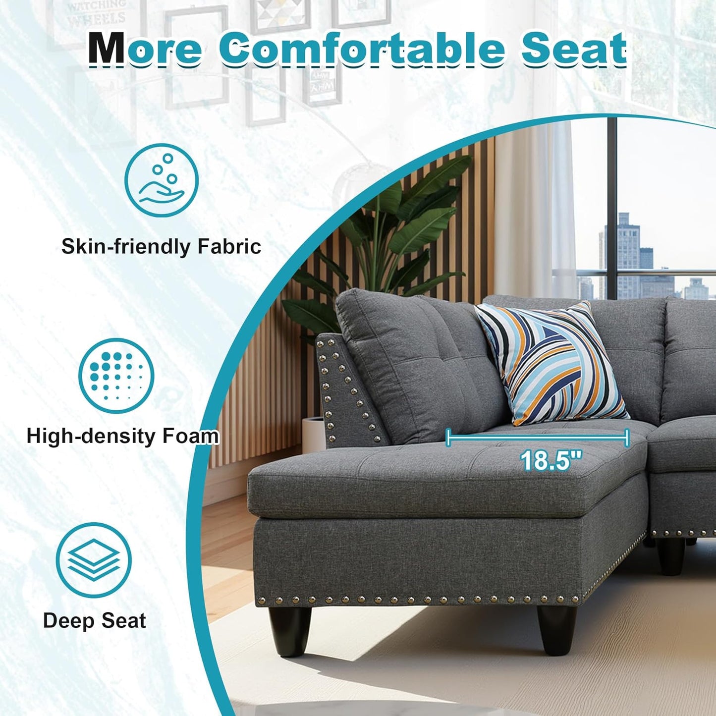 97.5" Oversized Sectional Couch, L Shaped Couch with Storage Ottoman, Modern Modular Sofa with Deep Seat, Sectional Couches for Living Room and Office, Grey (Linen)