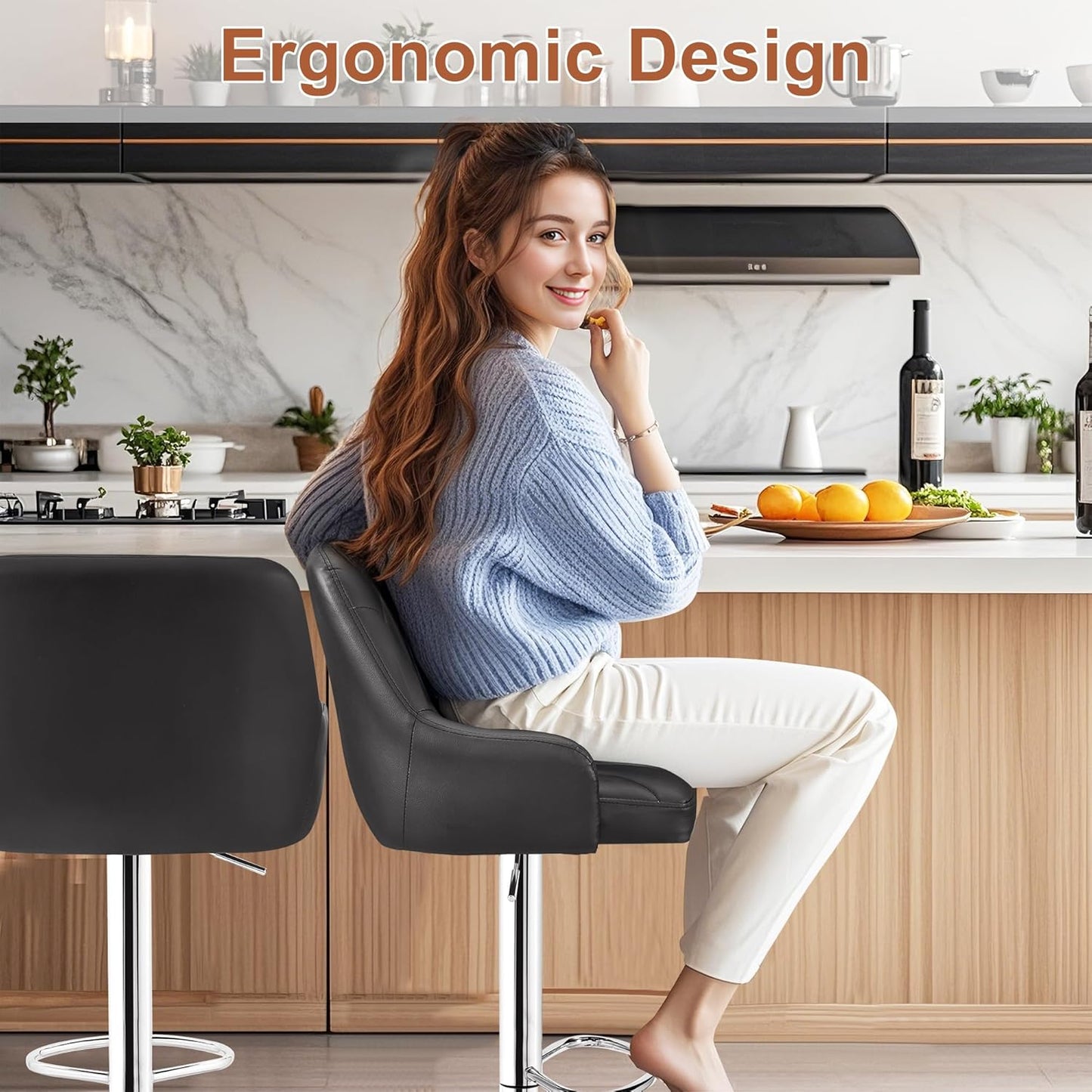 VECELO Bar Stools Set of 4, Adjustable Barstools, Counter Height Stools with Back and Arm, Kitchen Island Stools, Swivel PU Chairs for Pub, Dining Room, Modern Style, PU Black