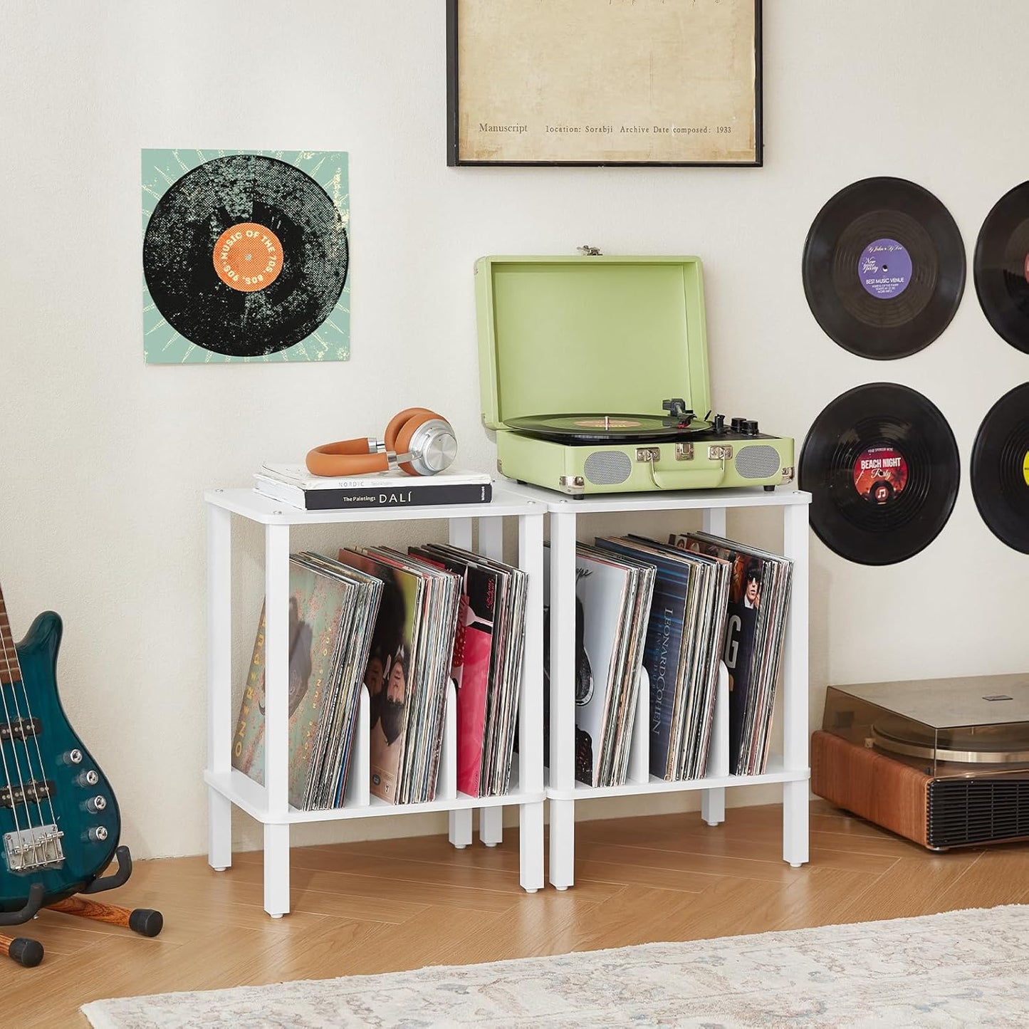 LELELINKY 2-Tier Record Player Stand with Vinyl Record Storage up to 100 Albums, Bedroom Record Holder and Multi-Functional End Table for Living Room, White