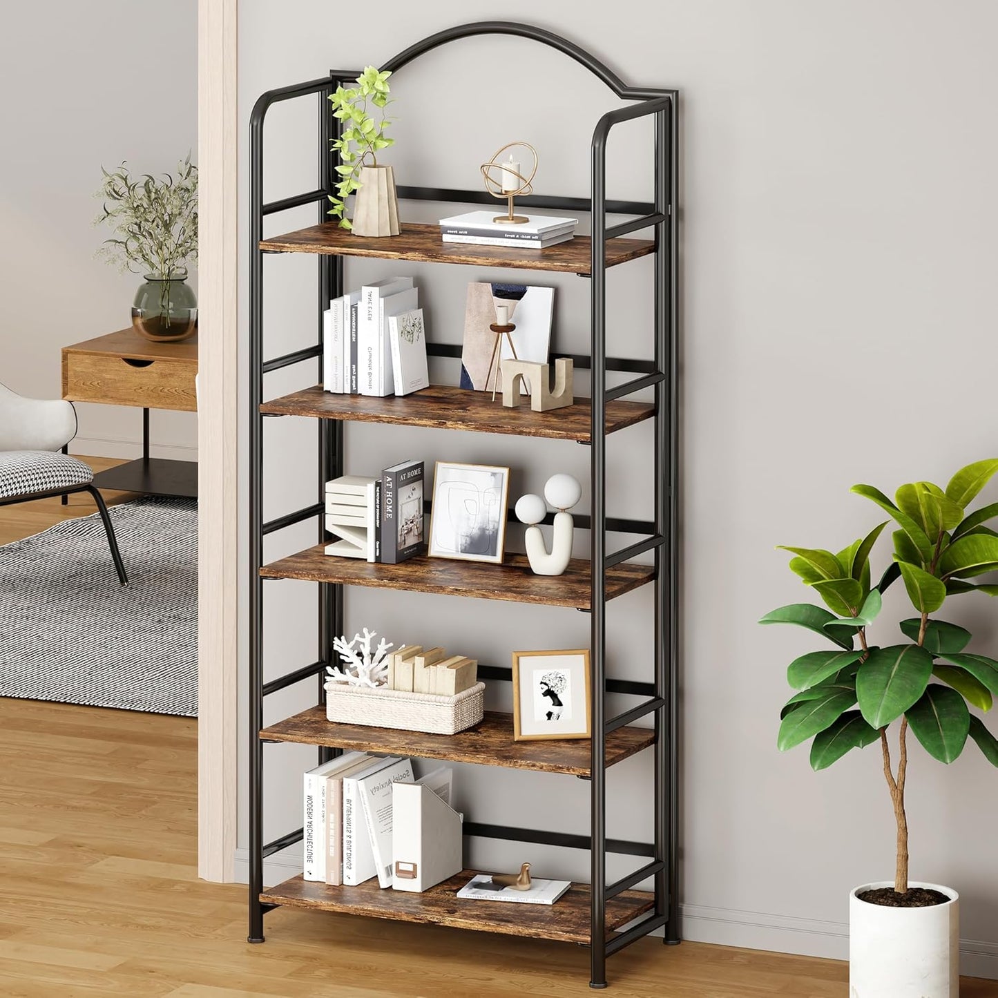 No-Assembly Folding Bookshelf Storage Shelves 5 Tiers Vintage Multifunctional Plant Flower Stand Storage Rack Shelves Bookcase for Home Office
