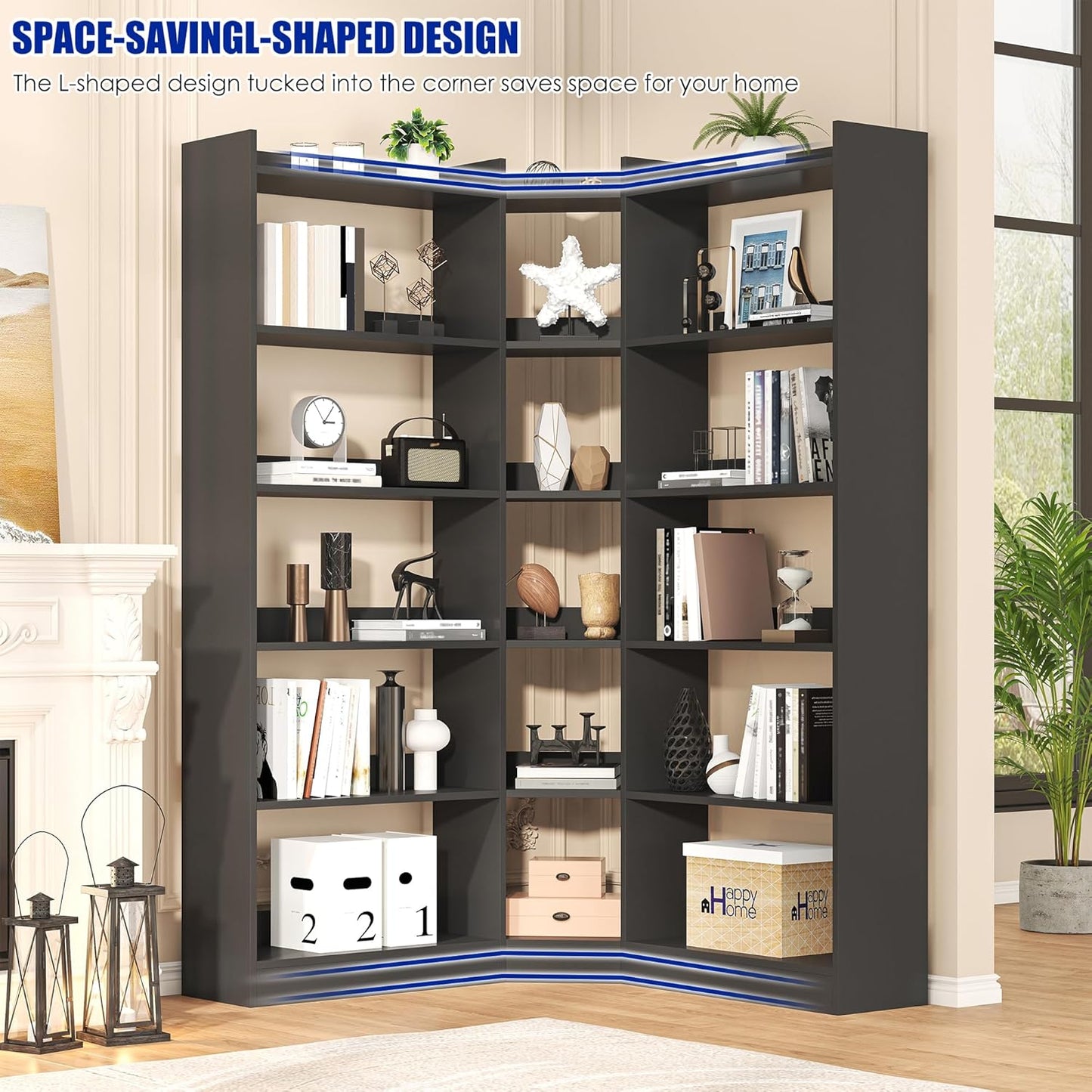 6 Tiers Corner Bookshelf, 63.1" Tall Modern Corner Etagere Bookcase Storage Display Rack Book Shelf with Baffle, Industrial L Shaped Bookshelves for Bedroom, Home Office, Living Room, Black