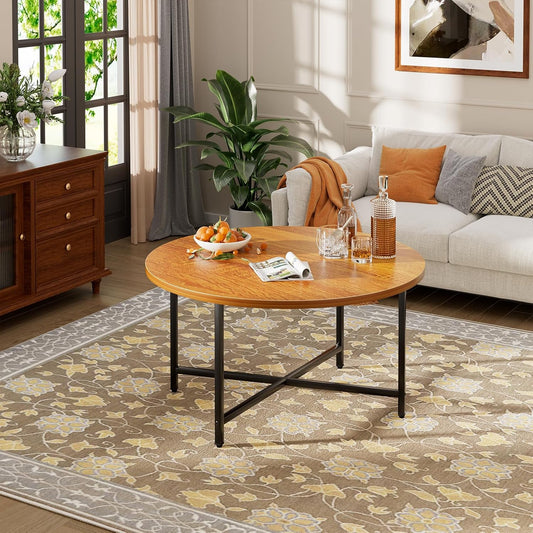 Round Coffee Table, 31.5" Circle Coffee Table，Modern Round Coffee Tables Living Room, Large Coffee Table Round for Indoor & Outdoor Use, Office, Patio or Garden, Warm Brown (31.5" D*17.7" H)