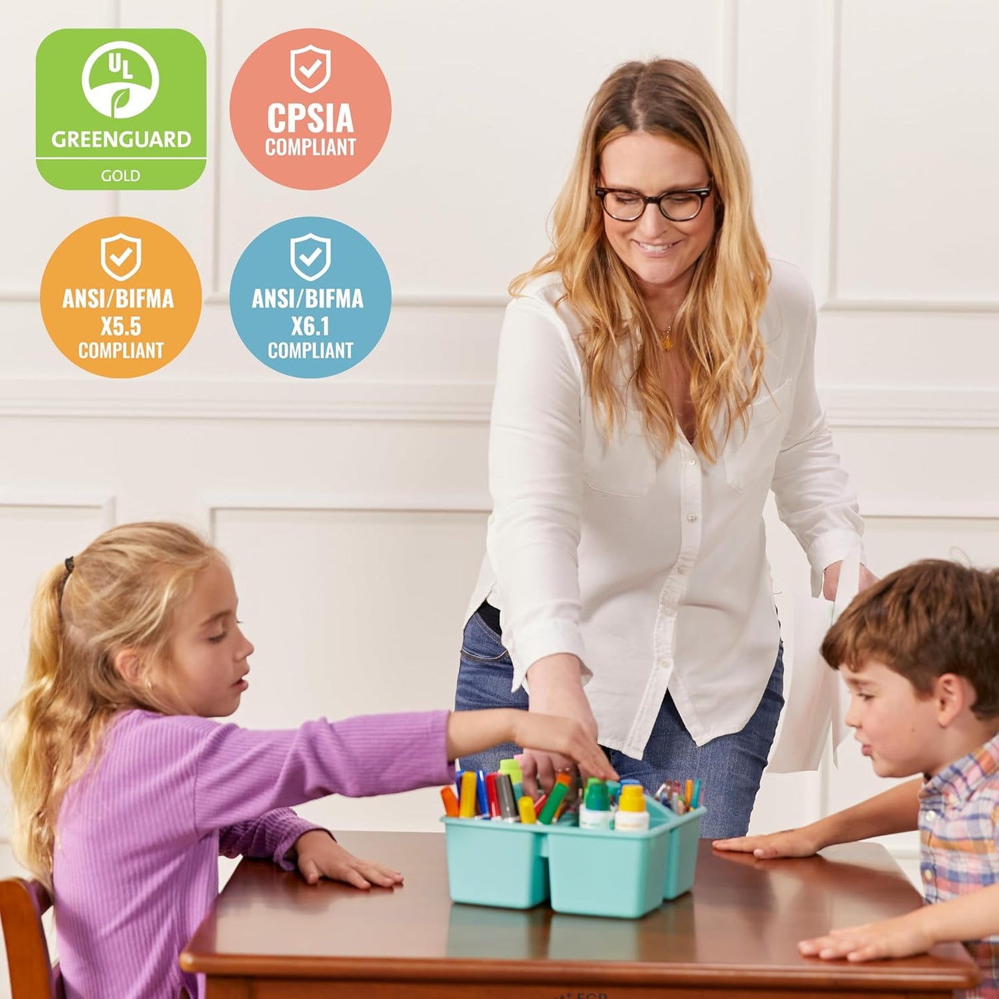 ECR4Kids 30in x 30in Square Hardwood Table and Chair Set, 12in Seat Height, Kids Furniture, Dark Walnut