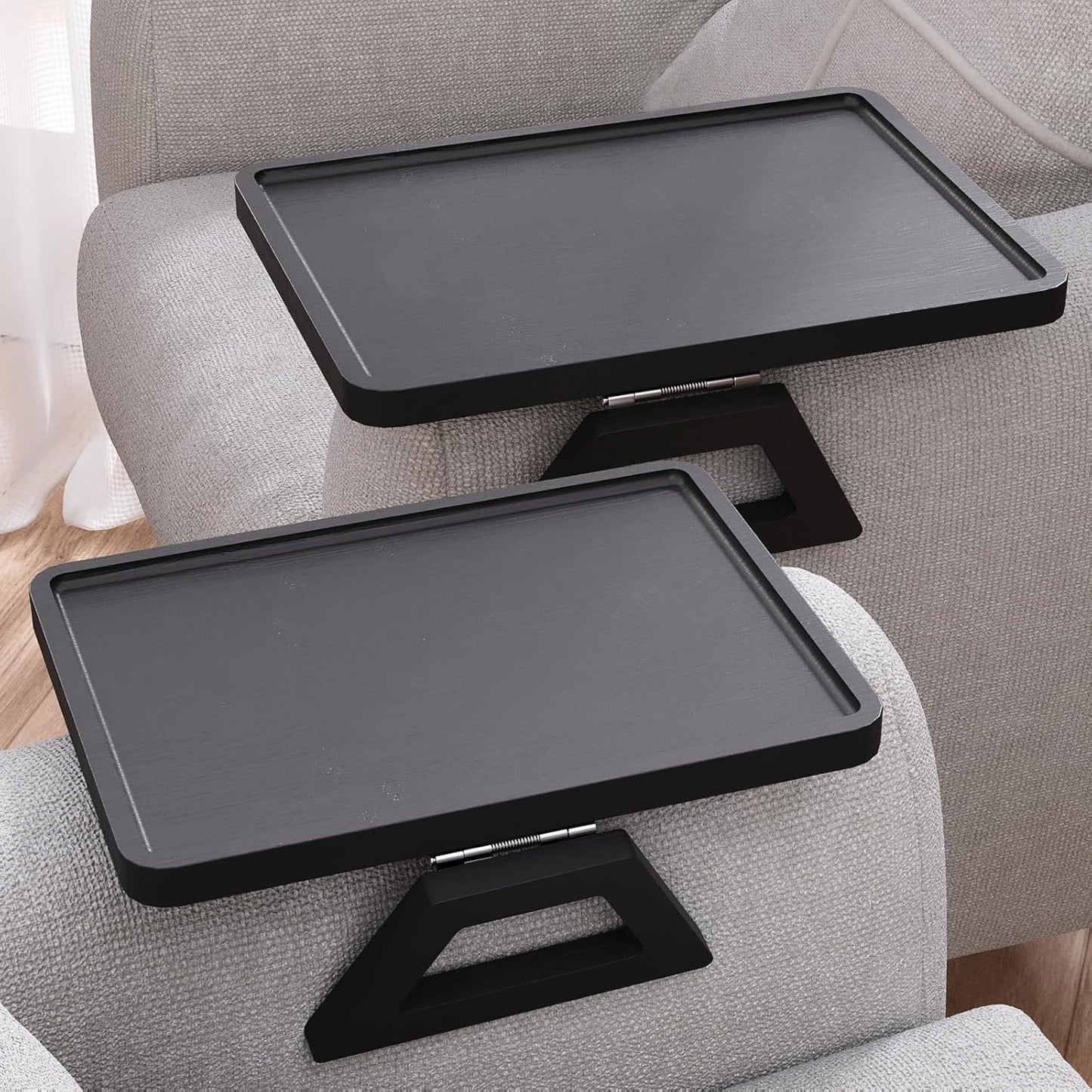 2 Pack Couch Arm Tray,Bamboo Folding Sofa Tray,Sofa Armrest Trays Clip-On Couch Desk for Drinks,Snacks,Phone,Remote Control（Black）