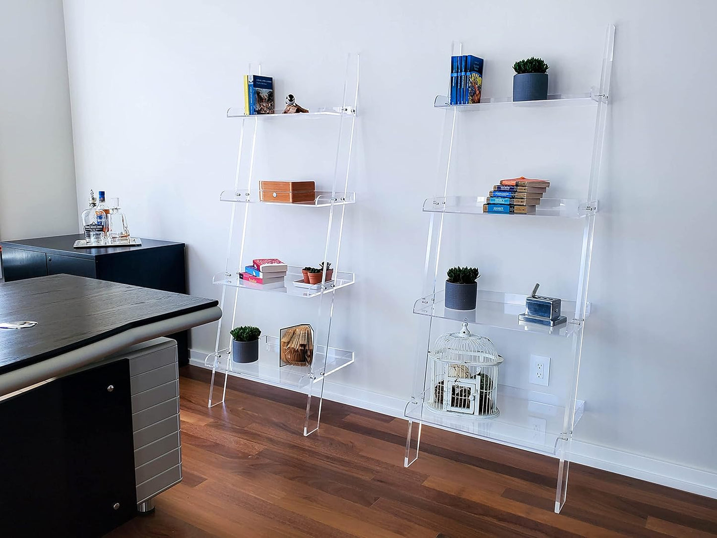 Acrylic Ladder Bookcase – Large Modern Clear Leaning Floating Wall Bookshelf - Standing Decor Display Unit for Open Shelving, Organizer, or Storage in the Living Room, Office, Bedroom, or Bathroom