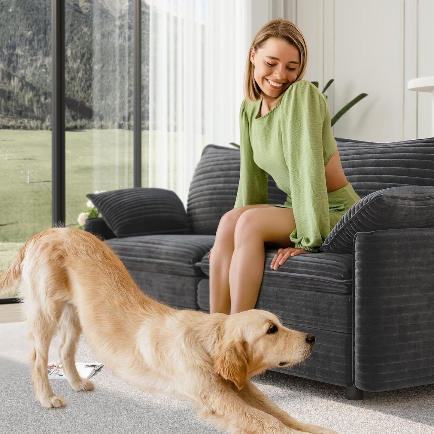 Vesgantti 74" Loveseat Sofa for Living Room, Comfy Cloud Couch Deep Seat Corduroy Modern 2 Seater Small Sofa with Armrest Pillow, Easy Assembly for Small Spaces, Gray