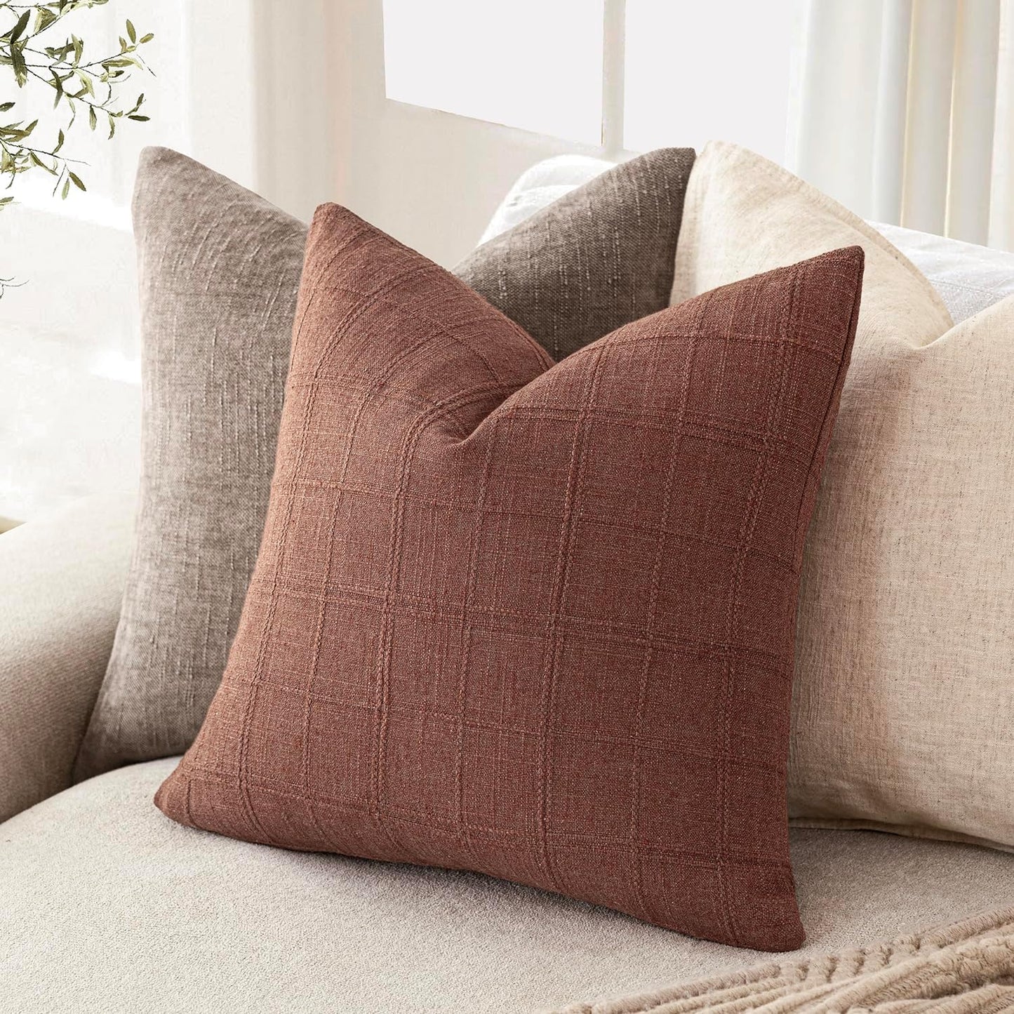 Foindtower Set of 2 Decorative Linen Check Throw Pillow Covers Neutral Farmhouse Vintage Cushion Covers Modern Boho Home Decor for Sofa Chair Couch Bedroom Living Room Outdoor,20×20 Inch,Autumnal Red