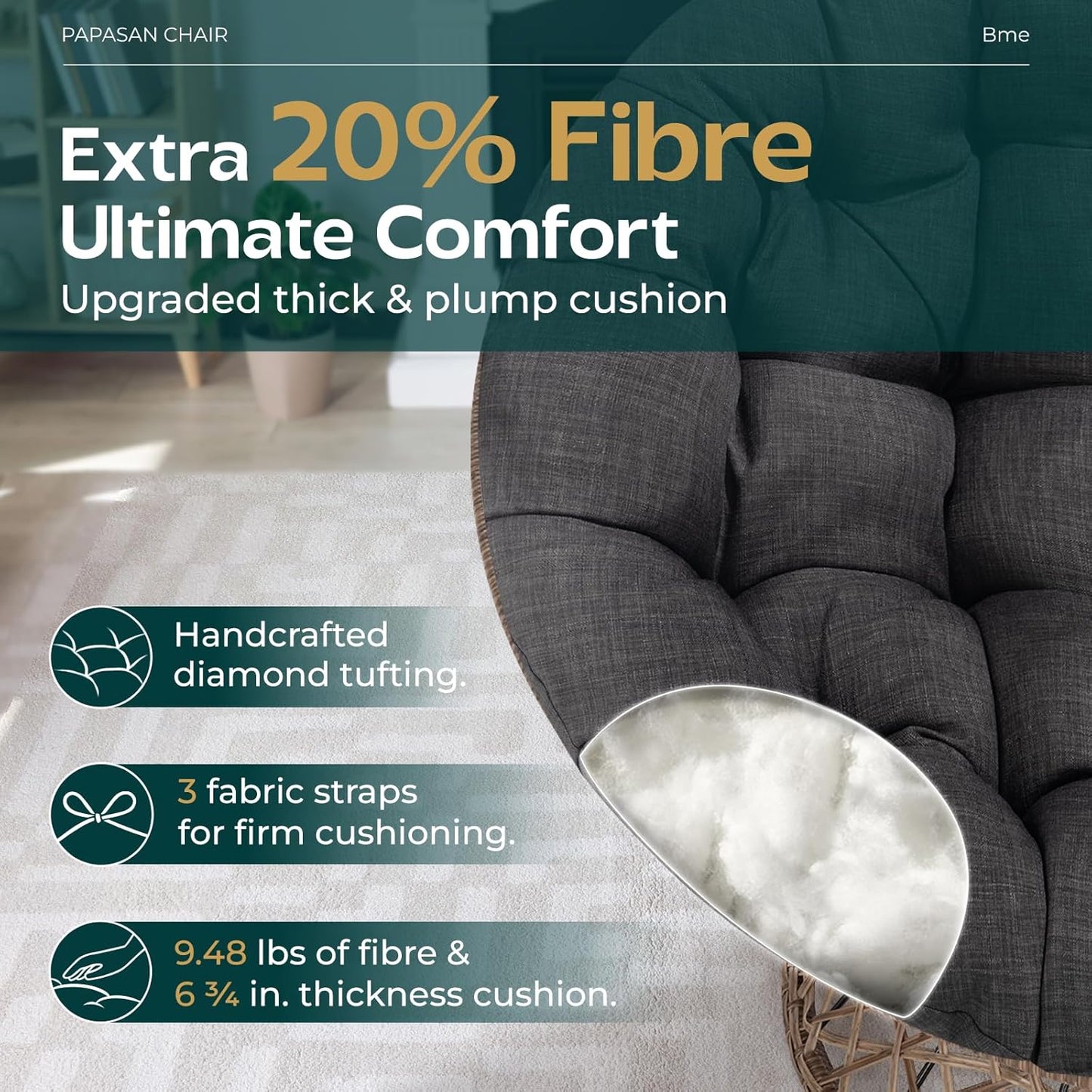 Bme 40" Ergonomic Wicker Papasan Chair with Soft Thick Density Fabric Cushion, High Capacity Steel Frame, 360 Degree Swivel for Living, Bedroom, Reading Room, Lounge, Onyx Stone - Brown Base