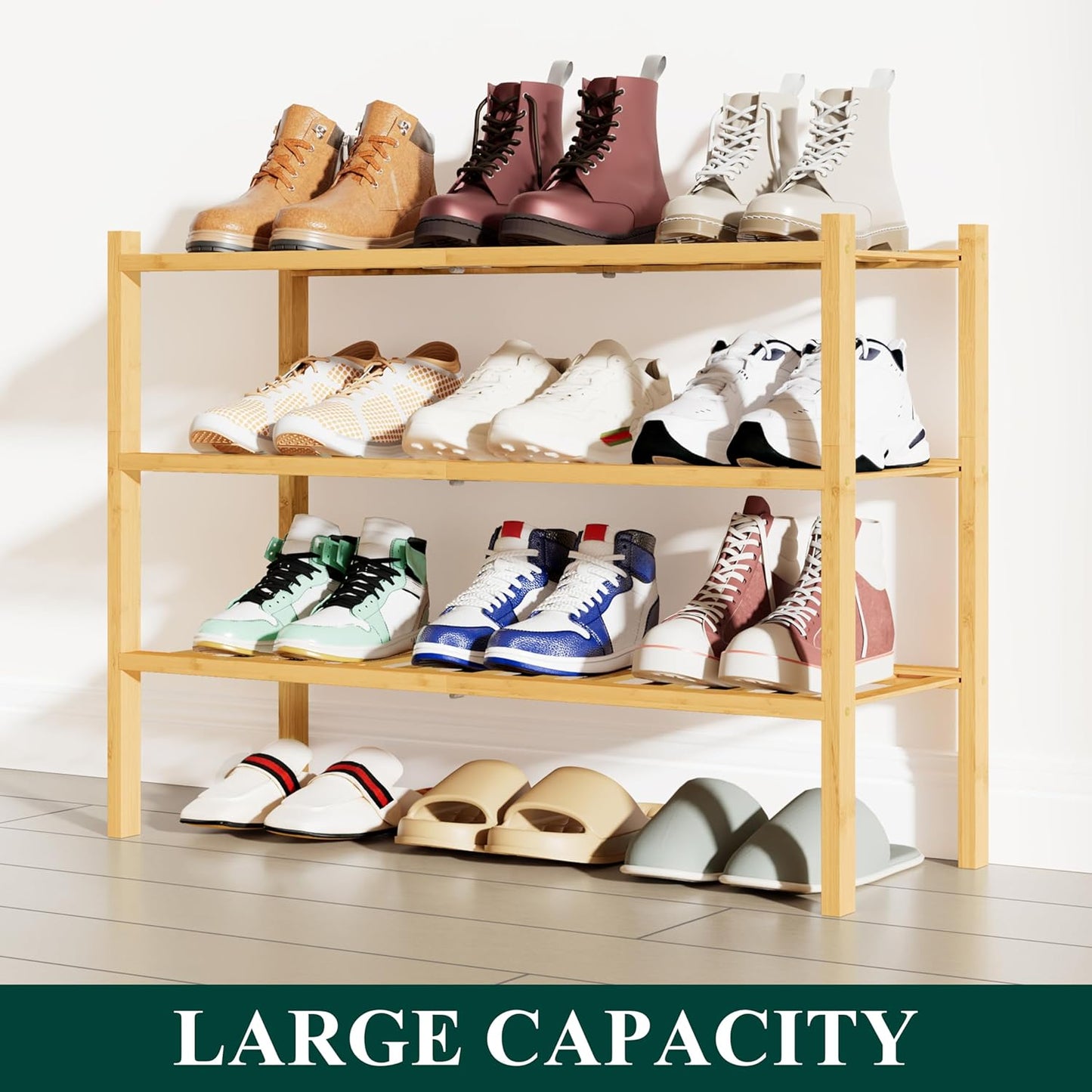 Smiry Shoe Rack, 3 Tier Bamboo Shoe Organizer, Stackable Free Standing Wooden Shoe Storage Shelf for Closet, Entryway, Front Door Entrance, Natural