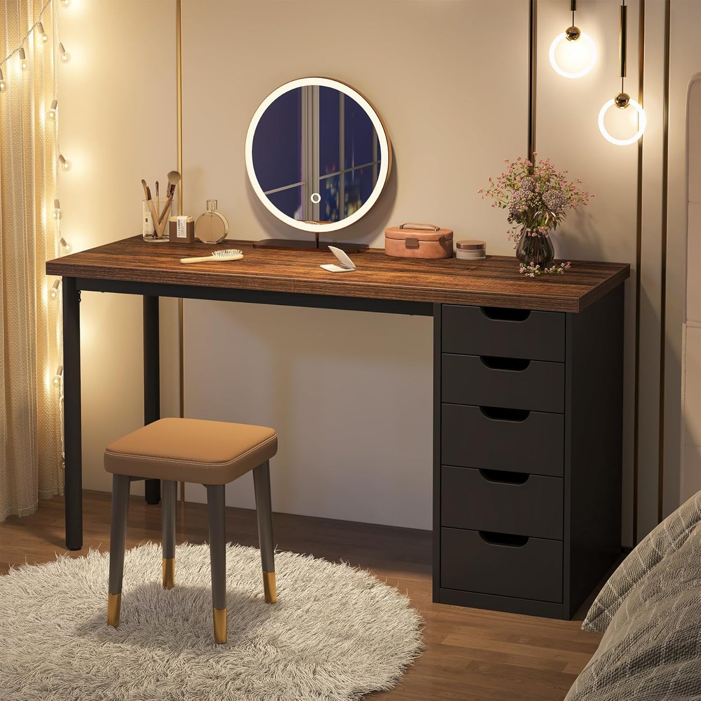 Tribesigns Computer Desk with 5 Drawers, 47 inches Rustic Brown Home Office Desk with Storage, Modern Simple Laptop Desk Study Writing Table for Small Spaces (1, Brown+Black)