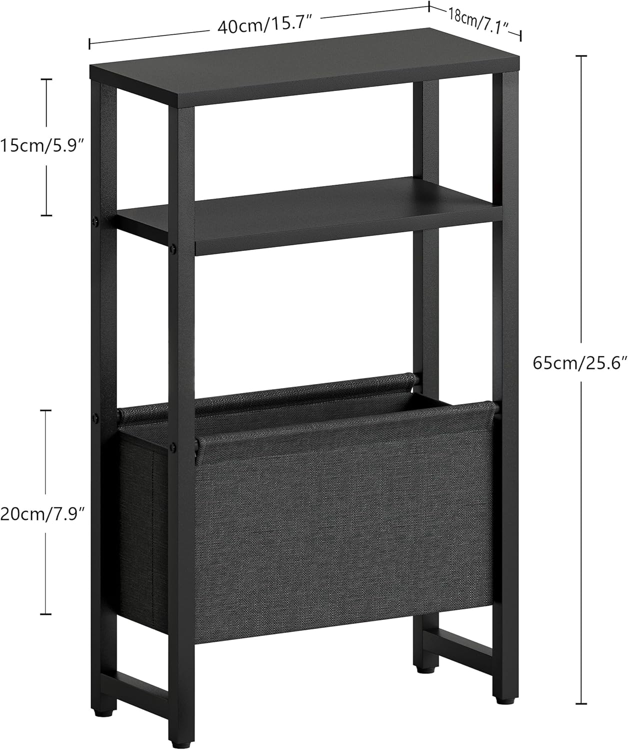 Narrow Side Table, Slim End Table with Magazine Rack, Bedside Table for Small Spaces, 3 Tier Sofa Couch Table Nightstand for Living Room, Bedroom Black LET503B