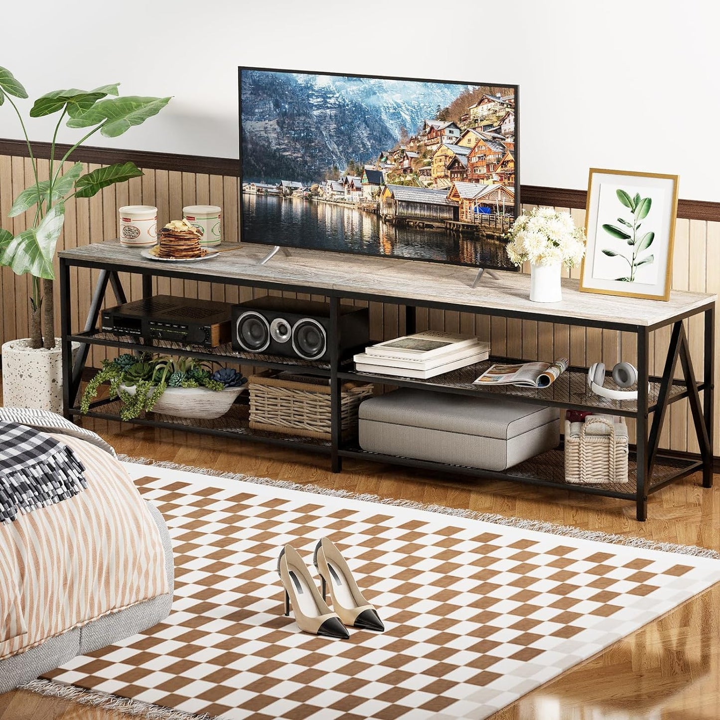 TV Stand for TVs up to 75 Inch, 70" Long Industrial TV Console Table with 3-Tier Storage Shelves, Entertainment Center for Living Room, Bedroom (Gray)