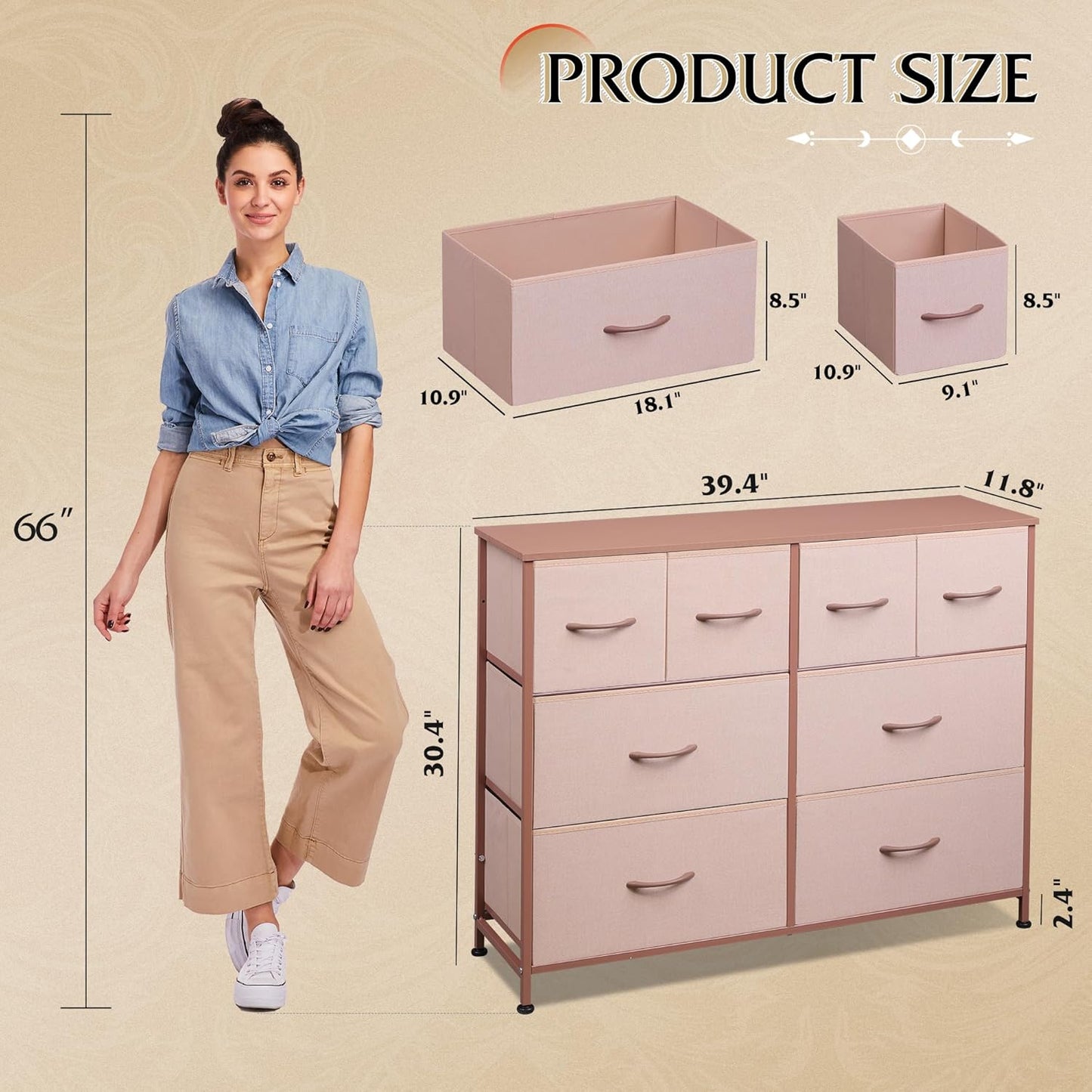 WLIVE 8 Drawer Dresser for Bedroom, Wide Fabric Dresser Storage Organizer, Chest of Drawers with Wood Top, Sturdy Steel Frame, Dressers for Living Room, Closet, Hallway, Pink
