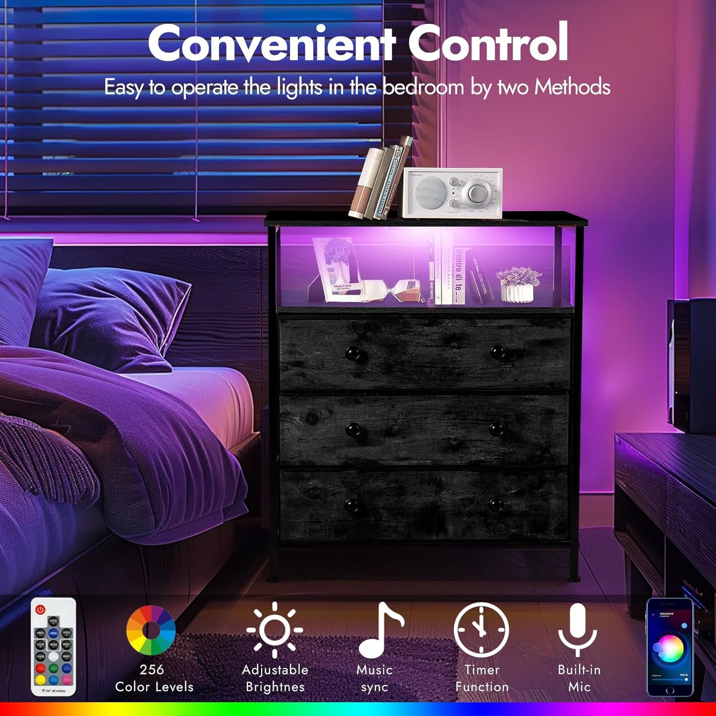 3 Drawers Dresser with Charging Station, 24 Inch Wide LED Night Stand with Adjustable Fabric Drawer, Nightstand with Storage Shelf for Living Room/Bedroom/Office, Black.