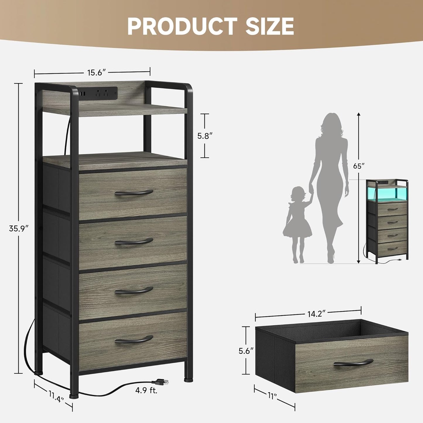 Grey NightStand with Charging Station - Morden Nightstand with USB Ports & AC Outlets, Grey End Table with Storage Shelf & 4 Fabric Drawers, LED Light Strip