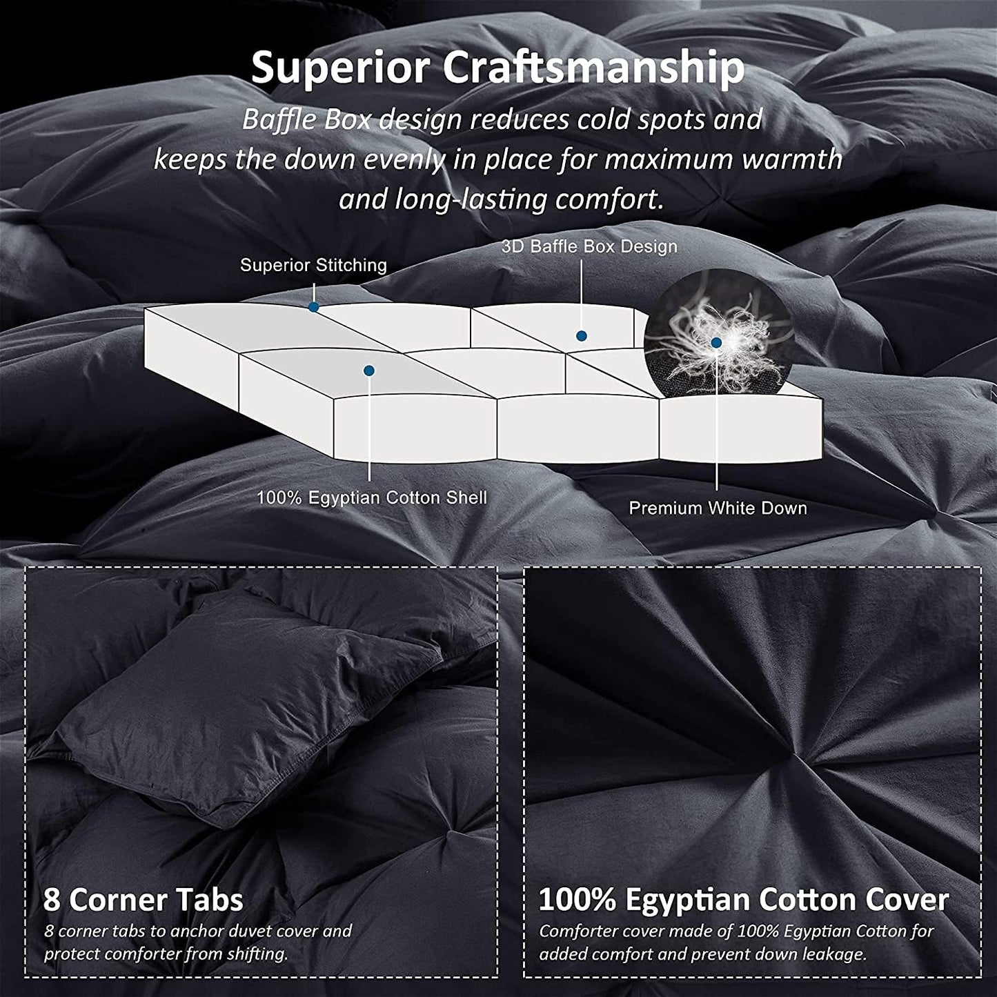 Luxurious Goose Down Feather Fiber Comforter, Exquisite Pinch Pleat Design, Black 108 x 98 , 100% Egyptian Cotton, 75 oz Fill Weight, Black,Oversize Cal King