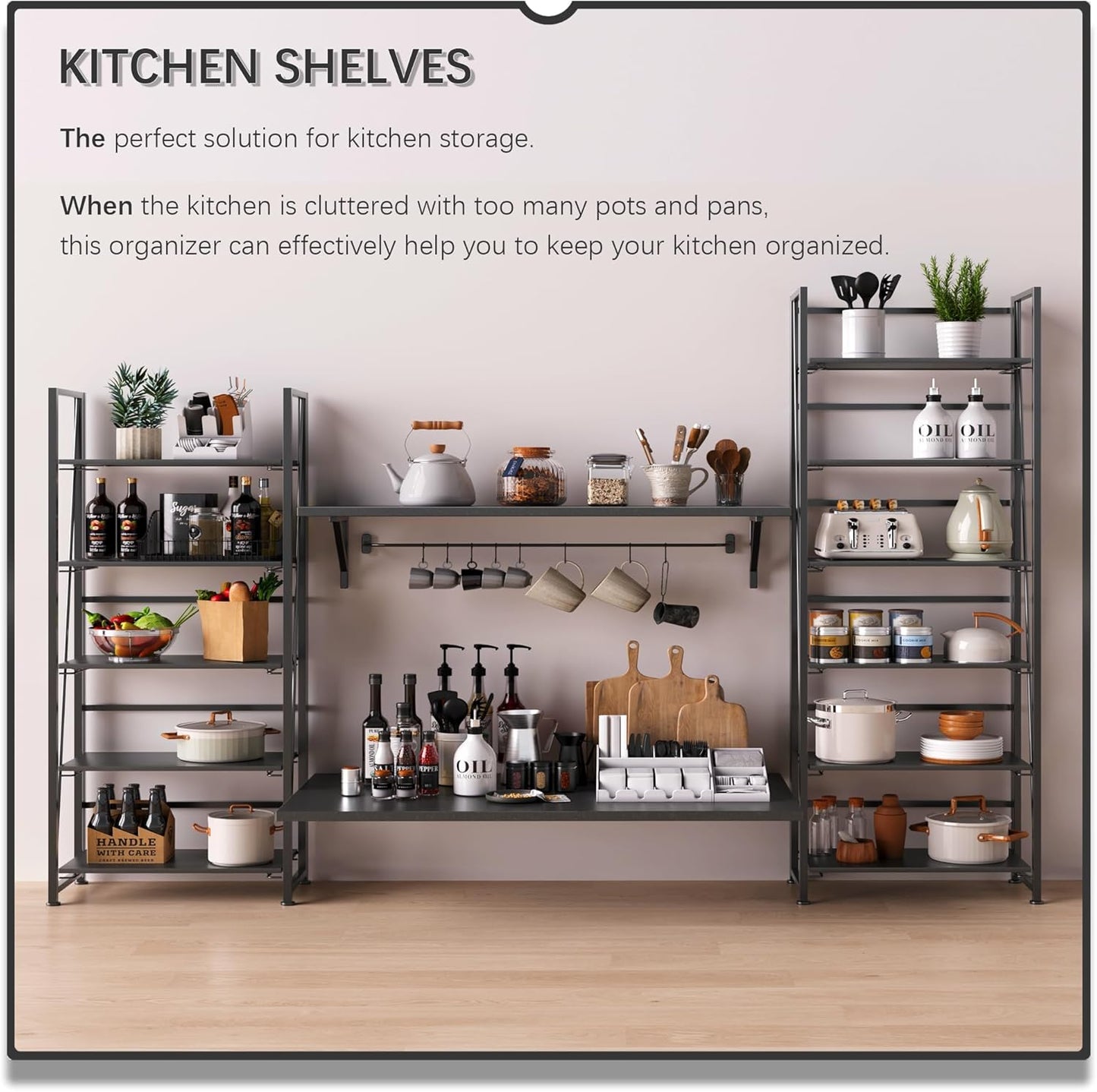 4NM No Assembly Folding Bookshelf, 6-Shelf 74" H Collapsible Foldable Bookcase Storage for Small Spaces, All Black