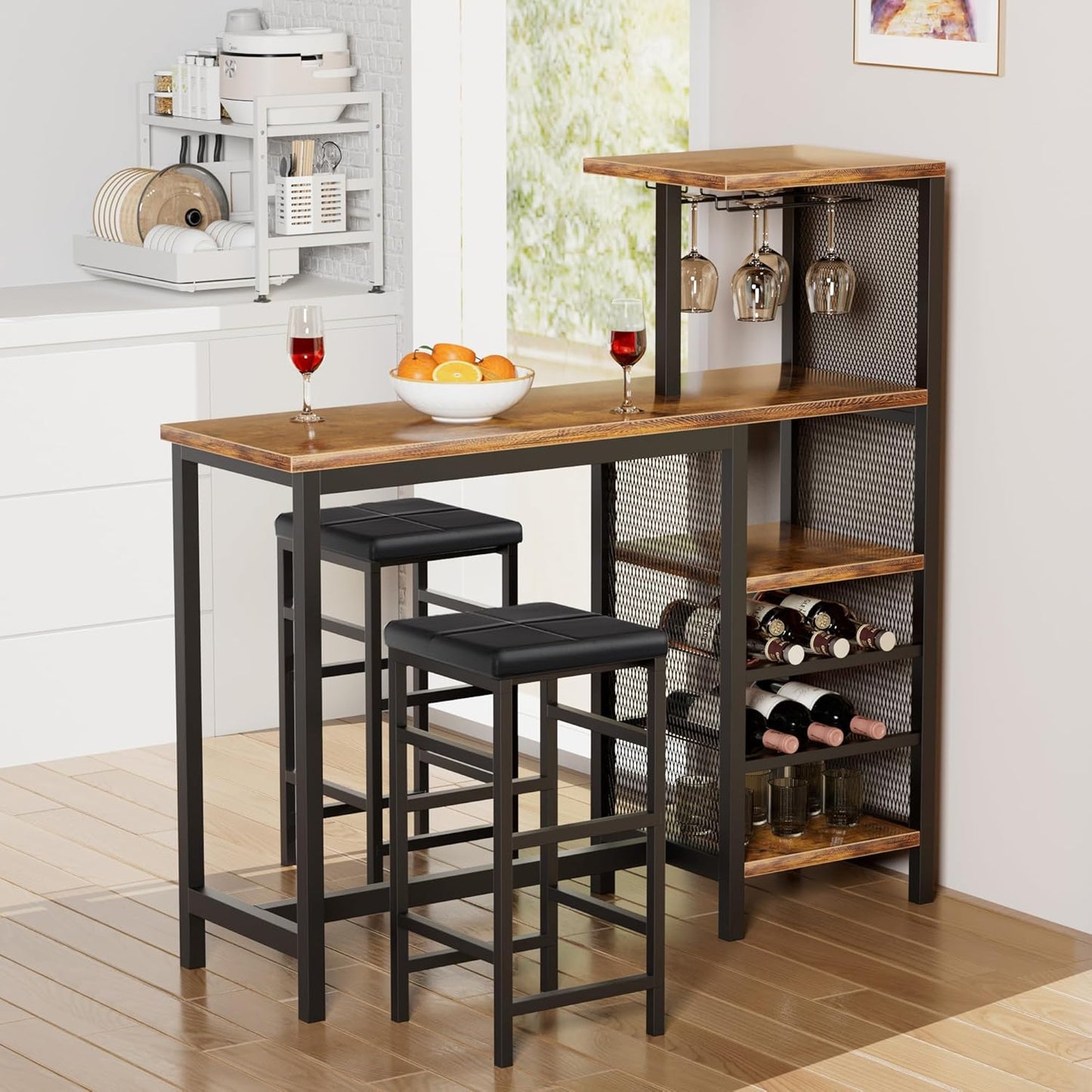 VECELO Bar Table and Chairs Set for 2, 3-Piece Dining Set with Storage Shelves, Cup Holder & Wine Rack, PU Leather Cushion Stools, for Kitchen Small Space, Brown