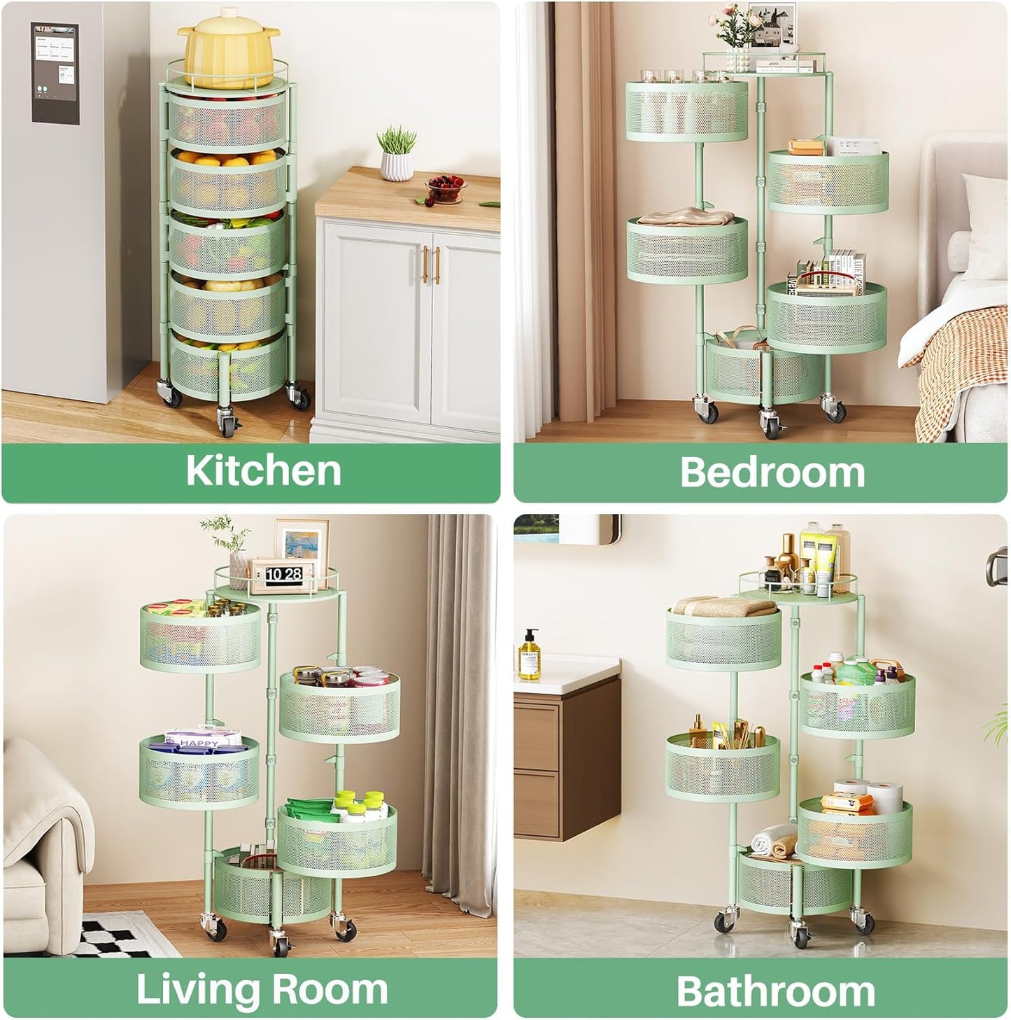 SAYZH Fruit Vegetable Basket for Kitchen, Rotating Storage Rack, 5 Tier Rolling Cart with top lid, Large Metal Wire Basket for for Potato Onion Snack, Black (Green)