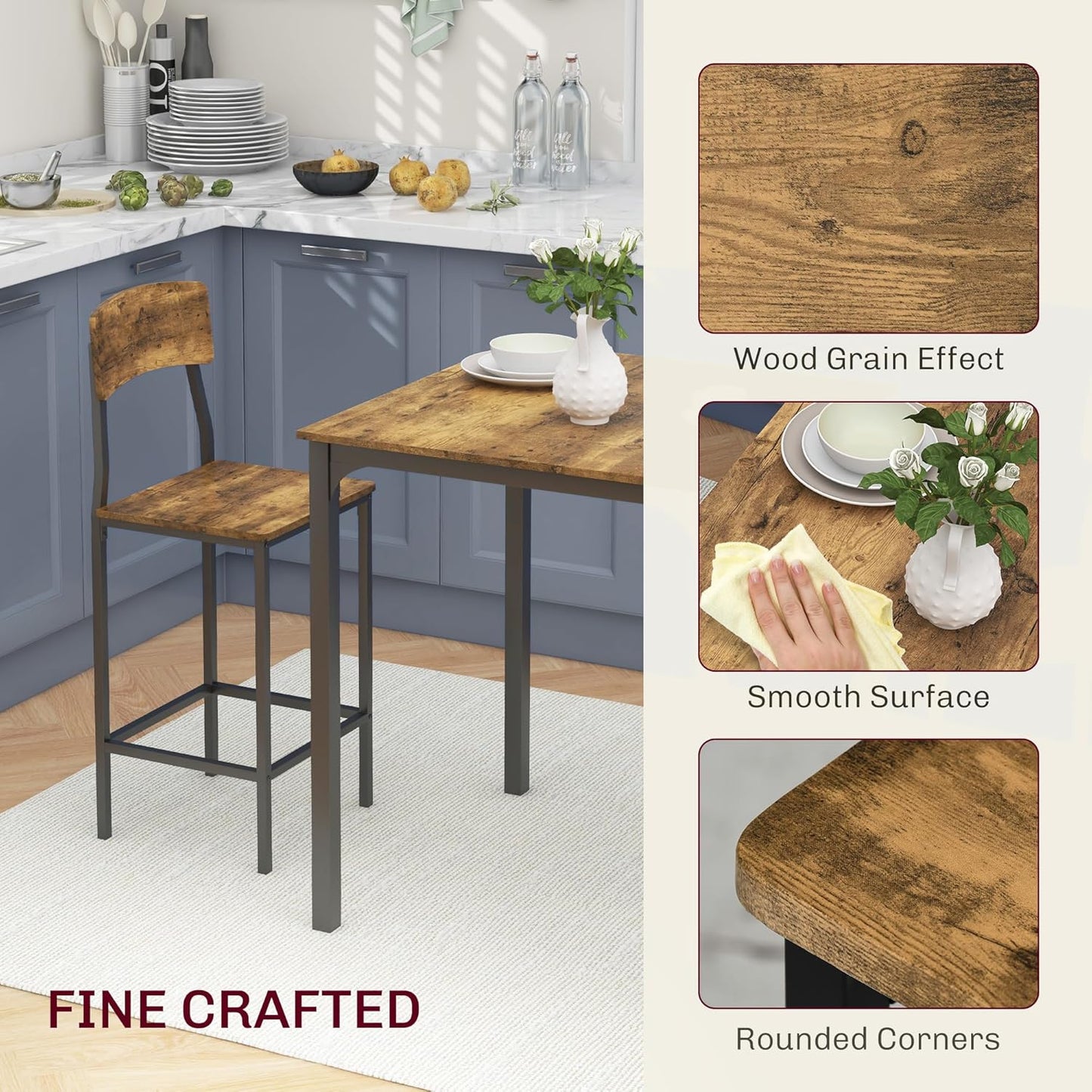 HOMCOM 3-Piece Counter Height Bar Table with Space-Saving Design, Square Kitchen Table and Chairs Set with Footrest, Metal Legs, Industrial Dining Table Set for 2, Rustic Brown and Black