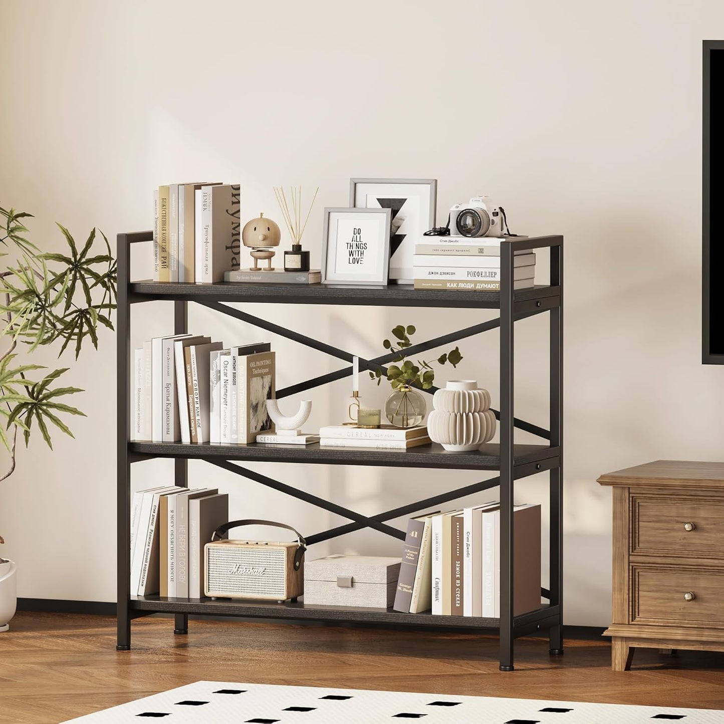 Homeiju 3 Tier Bookshelf 31.49" Width, Wood and Metal Etagere Bookcase, Vintage Farmhouse Modern Wooden Big Book Shelf for Home Living Room Bedroom Office Storage(Black)