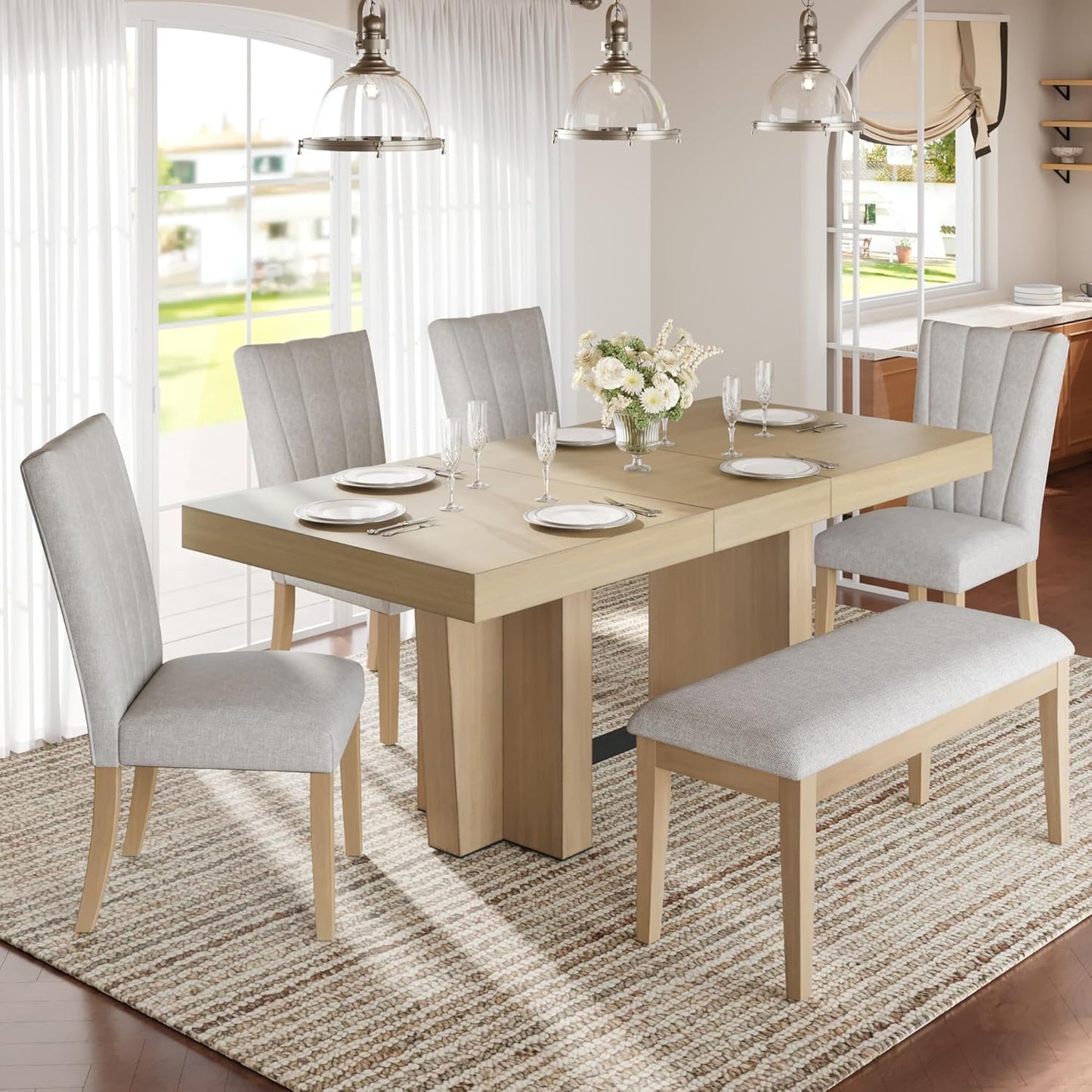 Ball & Cast 6 Piece Farmhouse Dining Table Set with Extendable Table,4 Upholstered Chairs & 1 Bench,Wooden Kitchen Table Set of 6,Backrest Chair with Table & Upholstery-Bench,for Dining Room,Natural