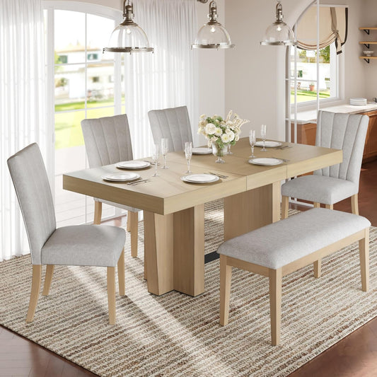 Ball & Cast 6 Piece Farmhouse Dining Table Set with Extendable Table,4 Upholstered Chairs & 1 Bench,Wooden Kitchen Table Set of 6,Backrest Chair with Table & Upholstery-Bench,for Dining Room,Natural