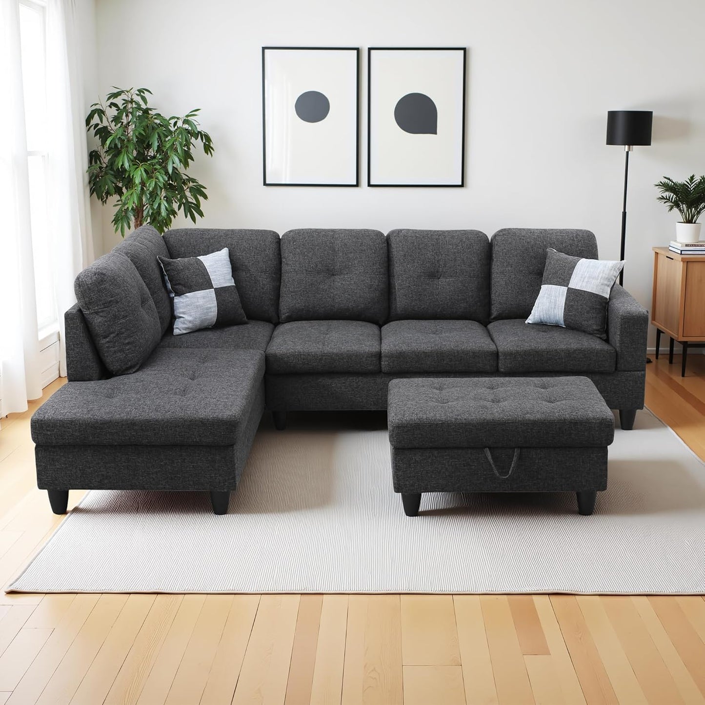 L Shaped Couch Modern Sectional Couch Upholstered Flannel Fabric 3 Pieces Sofas for Living Room with Chaise, Storage Ottoman for Office and Small Apartment, Black Grey